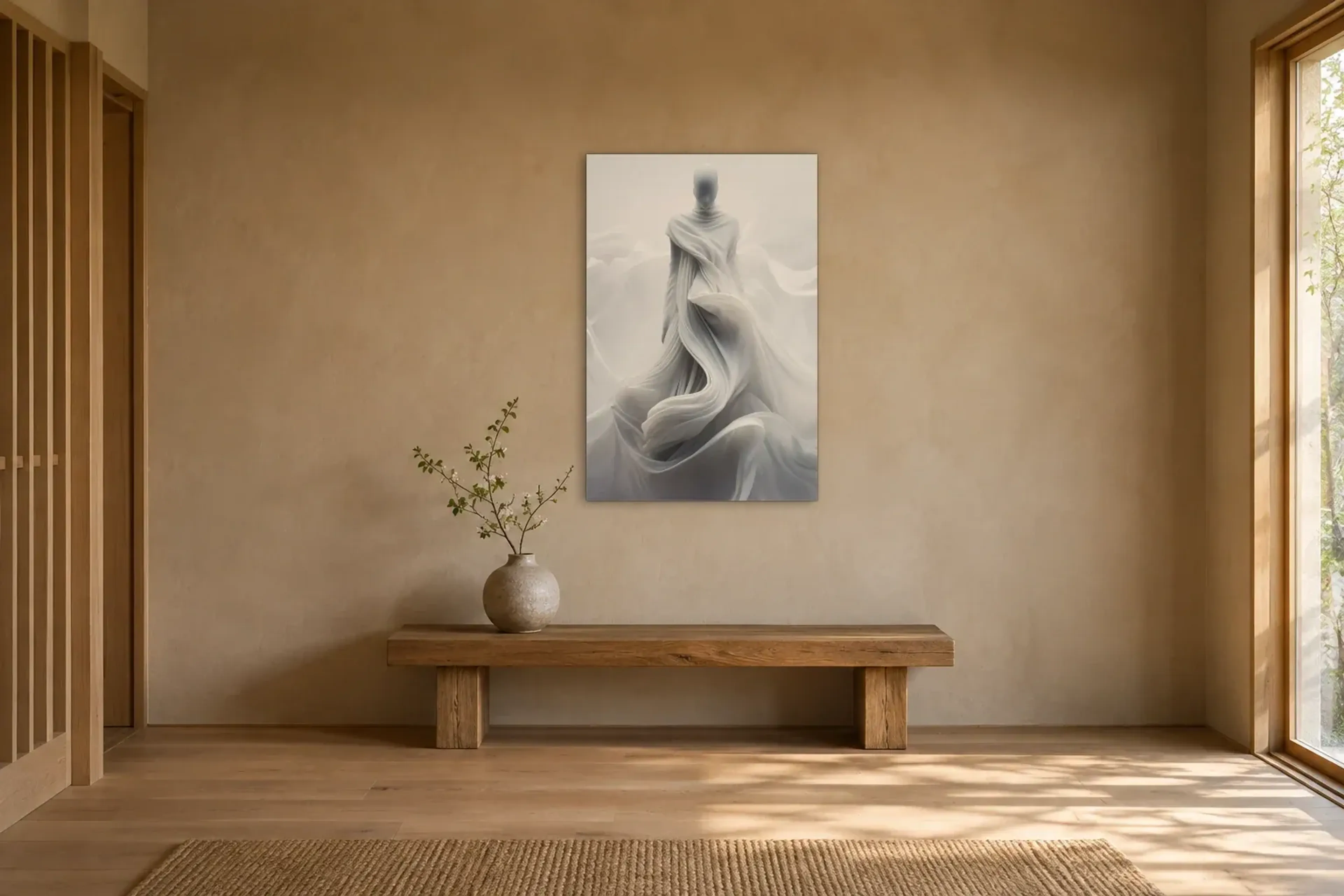 Weiße Gestalt als Wandbild über einer 120-cm-Holzbank