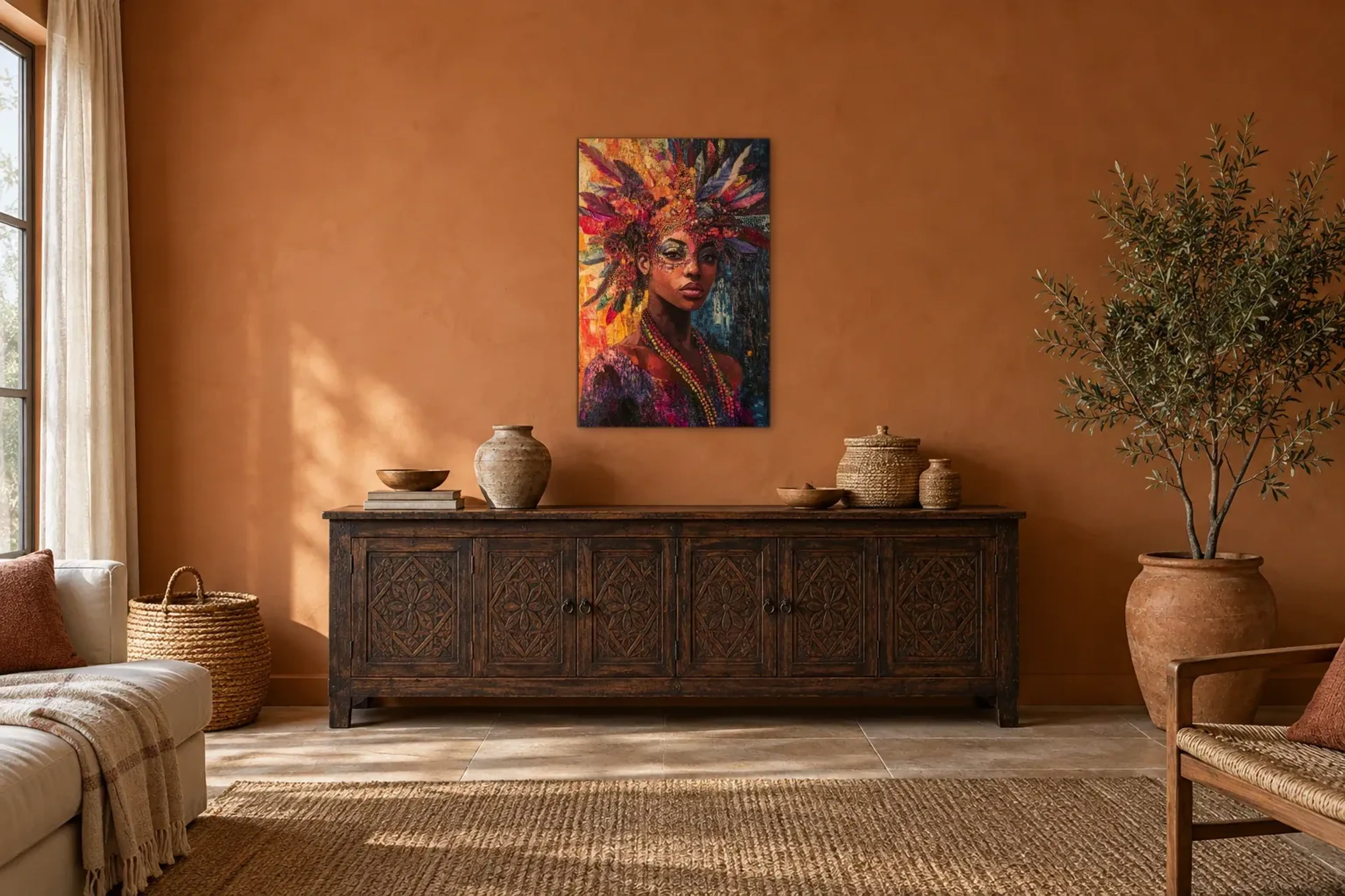 Federschmuck als Wandbild über einem 180-cm-Sideboard