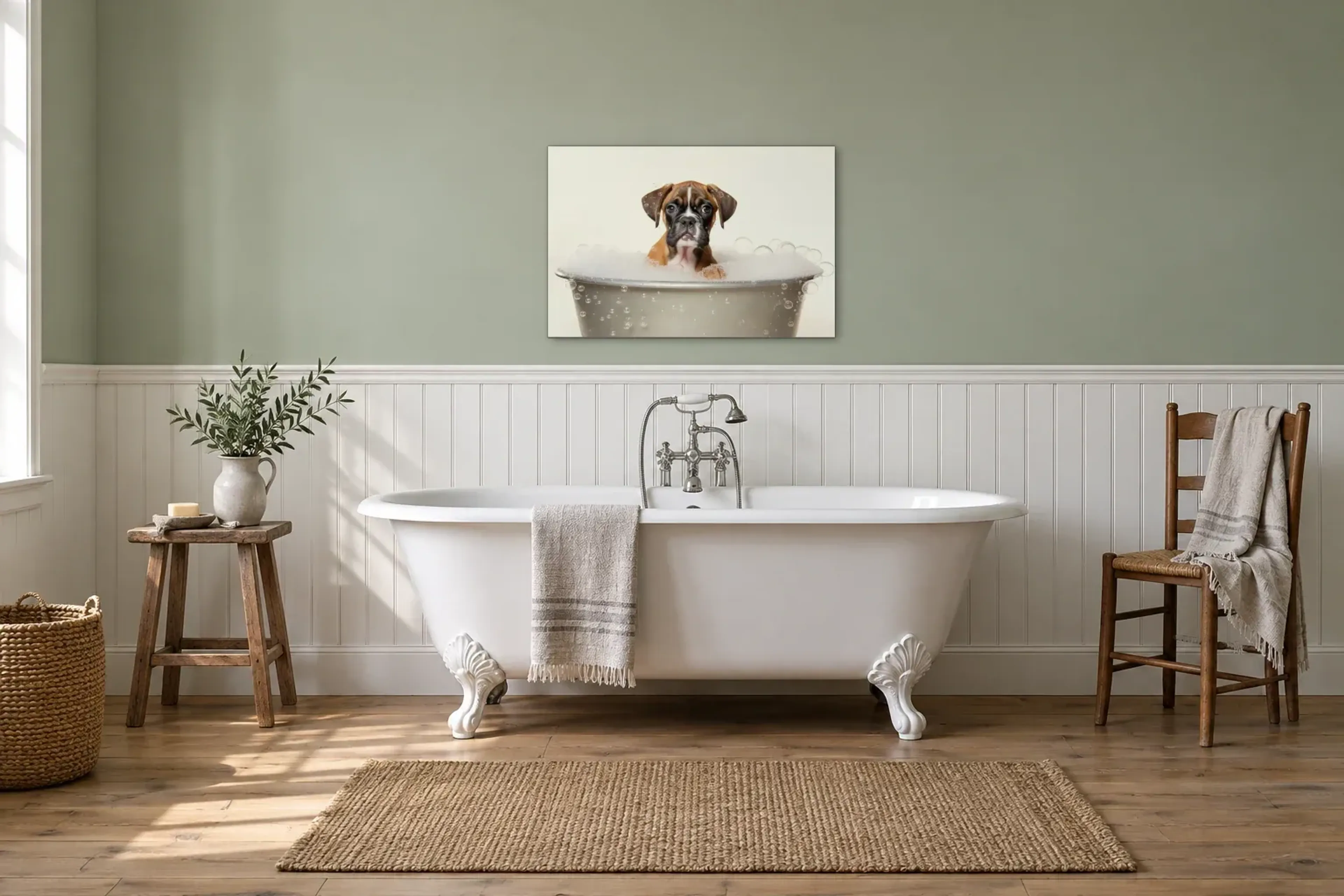 Boxer im Schaumbad als Wandbild über einer 170-cm-Badewanne