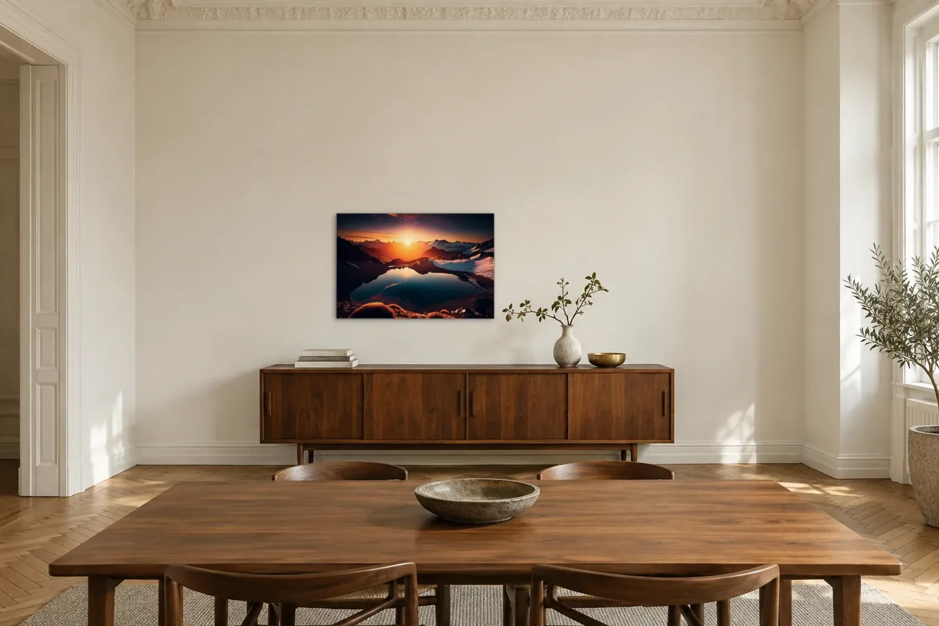 Bergsee im Sonnenuntergang als Wandbild über einem 200-cm-Sideboard