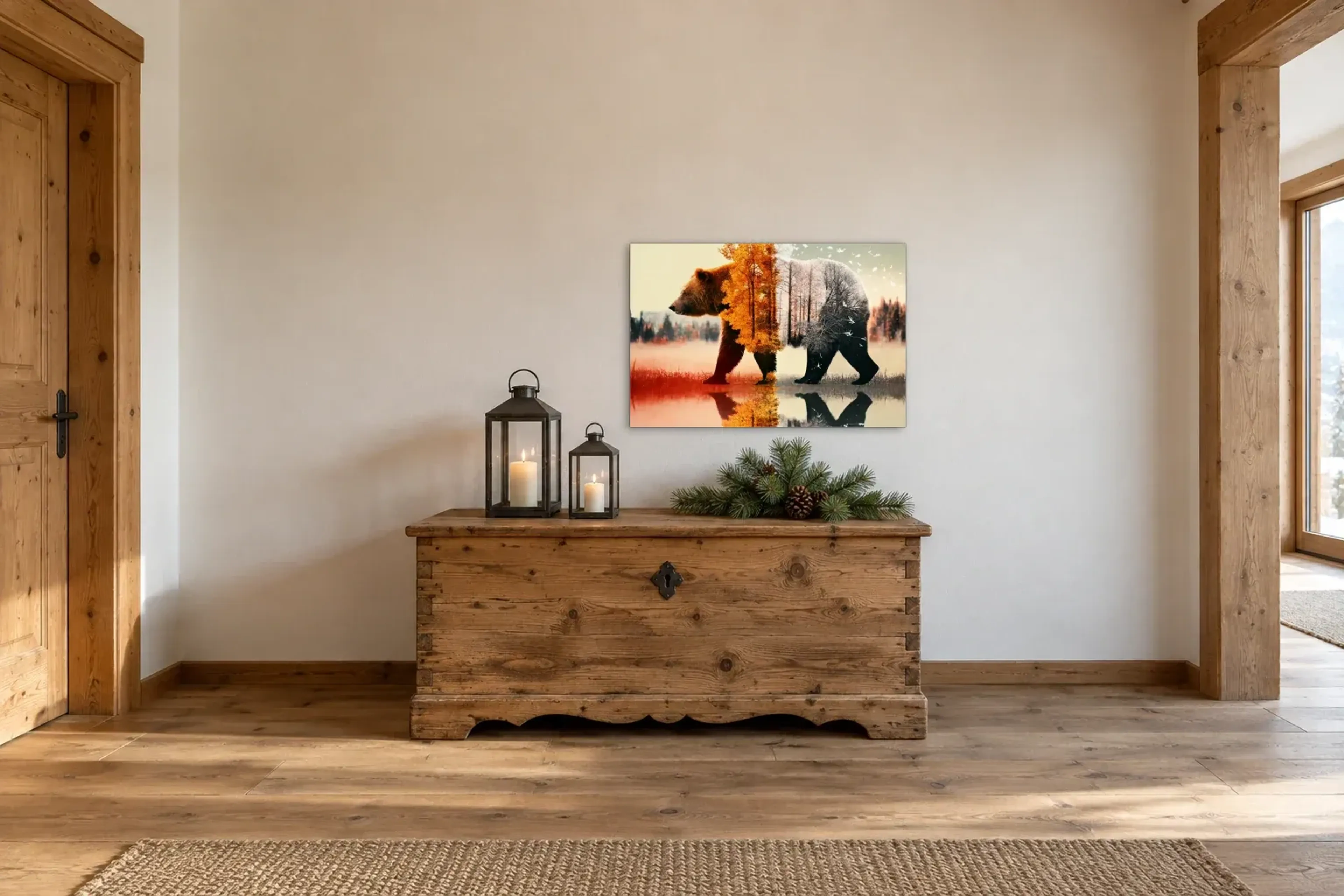Bär zwischen Herbst und Winter als Wandbild über einer 140-cm-Truhe