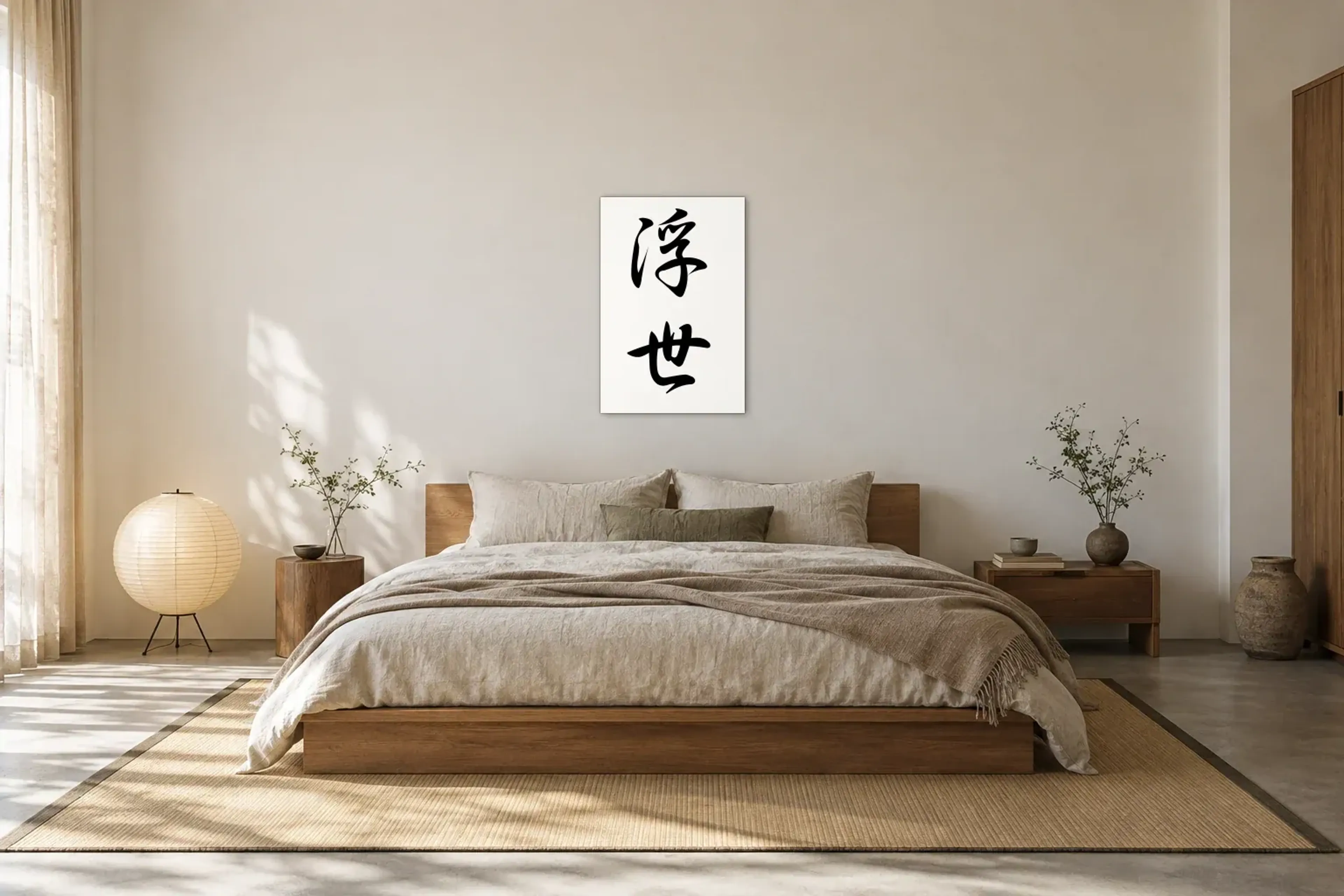 Ukiyo in Schwarz-Weiß als Wandbild über einem 180-cm-Bett