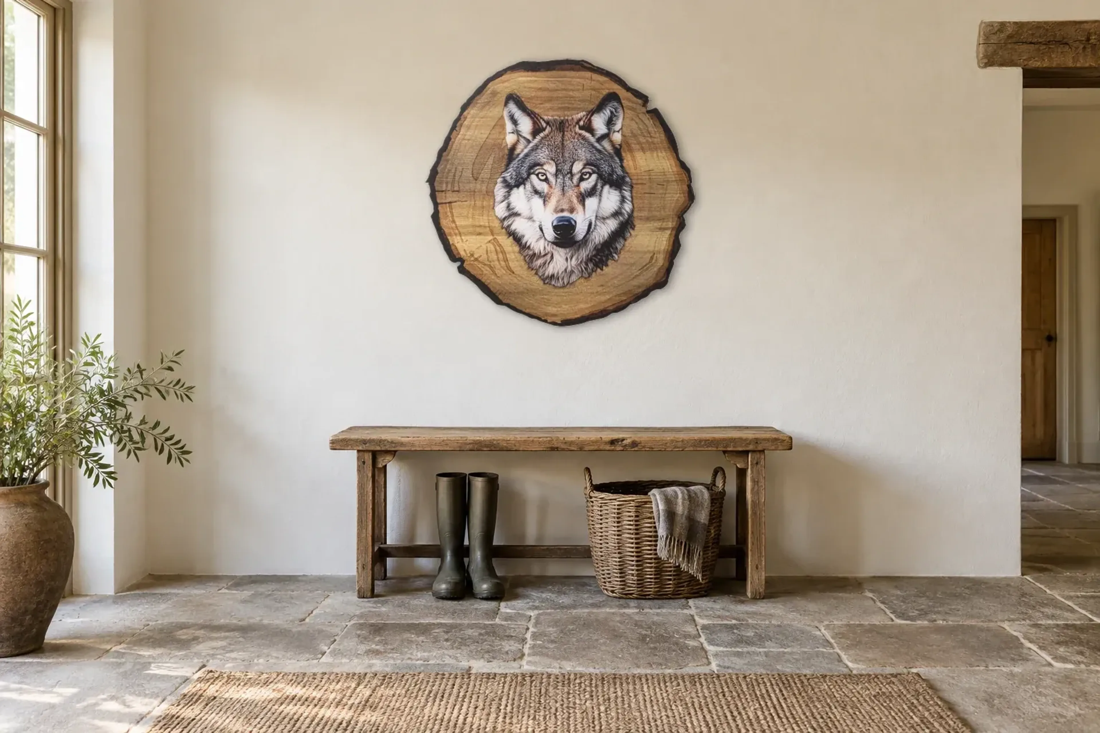 Wolf Weiß als Wandbild über einer 120-cm-Bank
