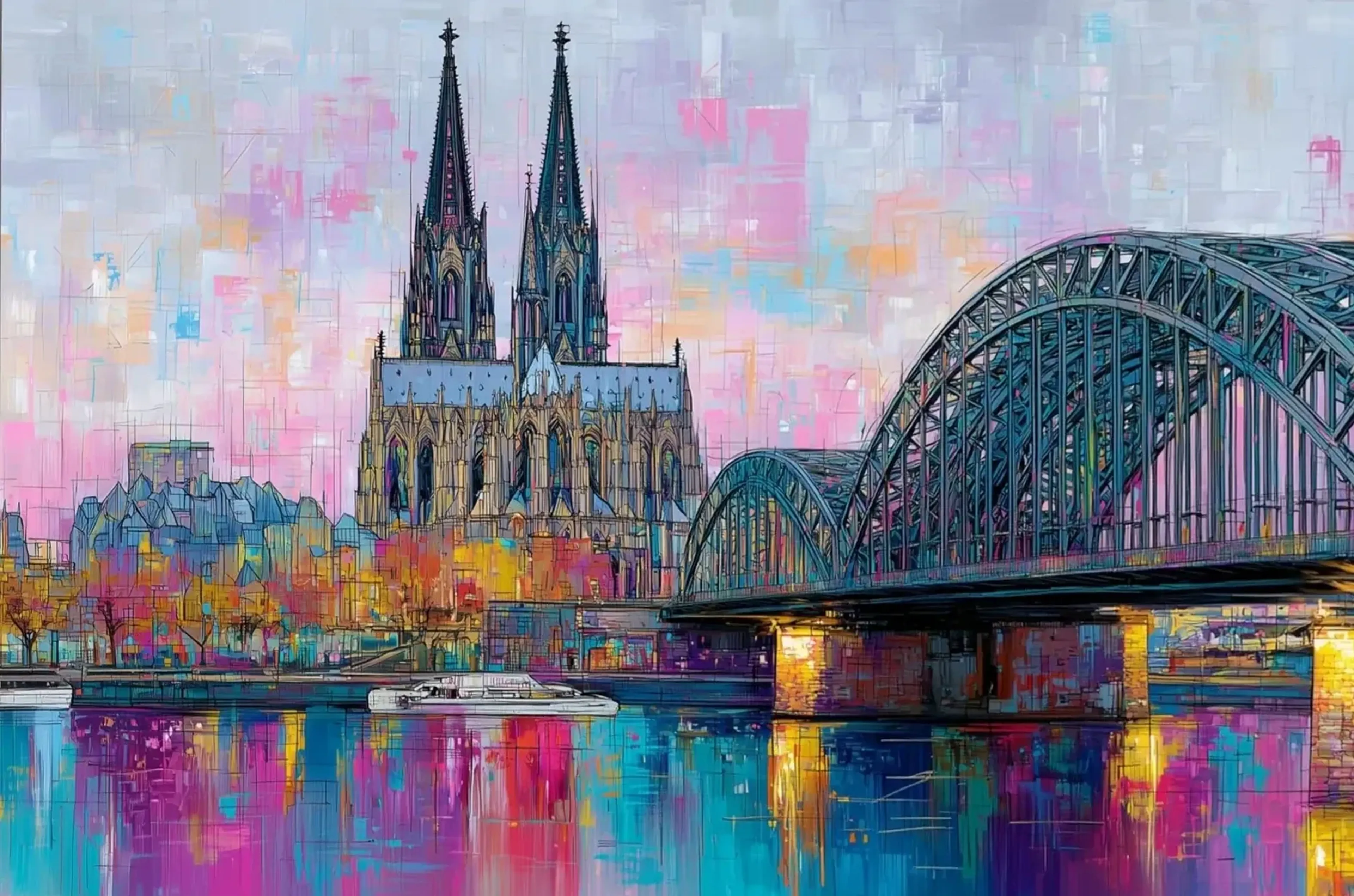 Kölner Dom, Bogenbrücke und weißes Schiff zwischen rosa, gelben und türkisfarbenen Flächen und Spiegelungen.