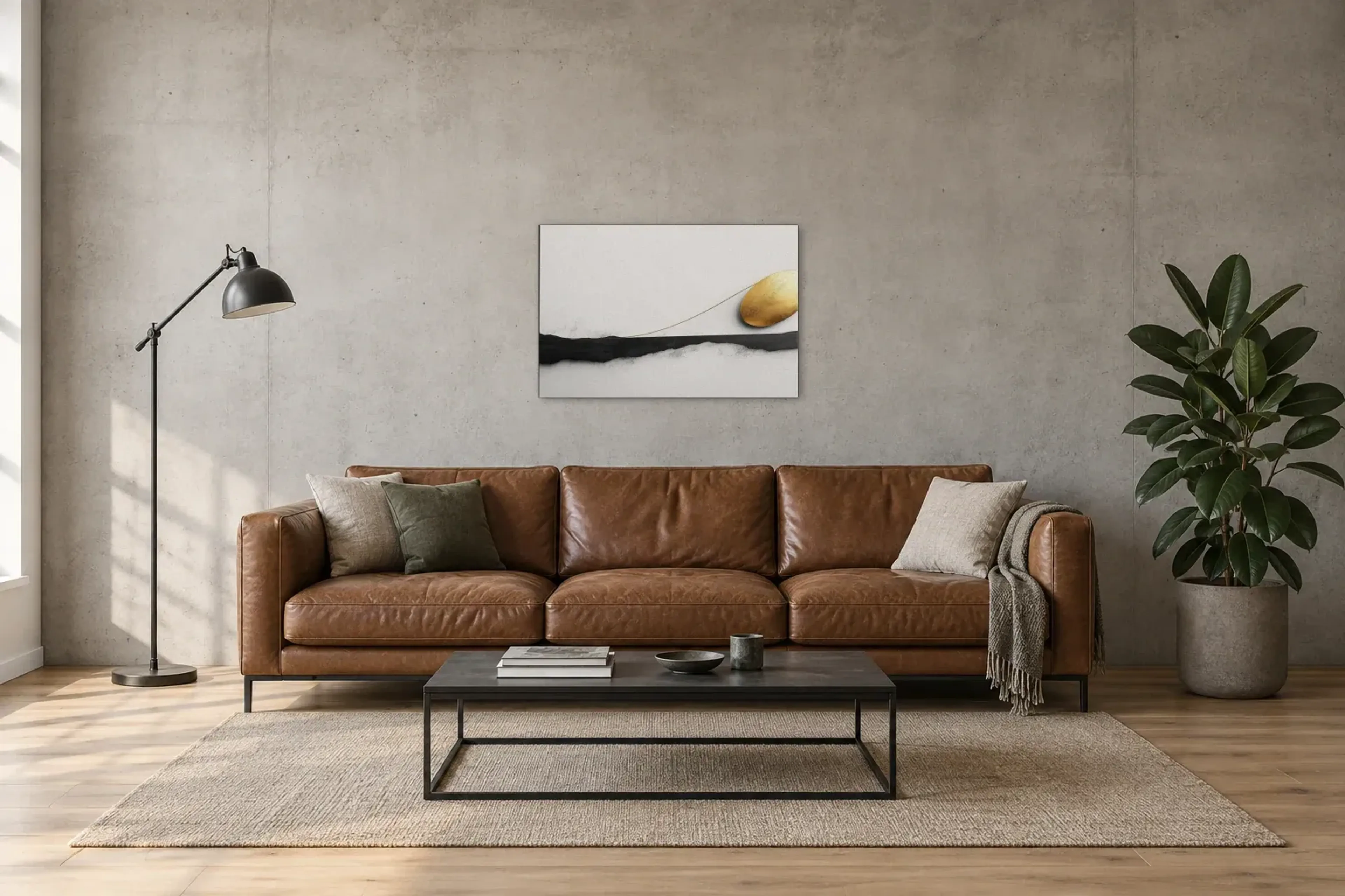 Goldkreis über schwarzem Band als Wandbild über einem 220-cm-Sofa