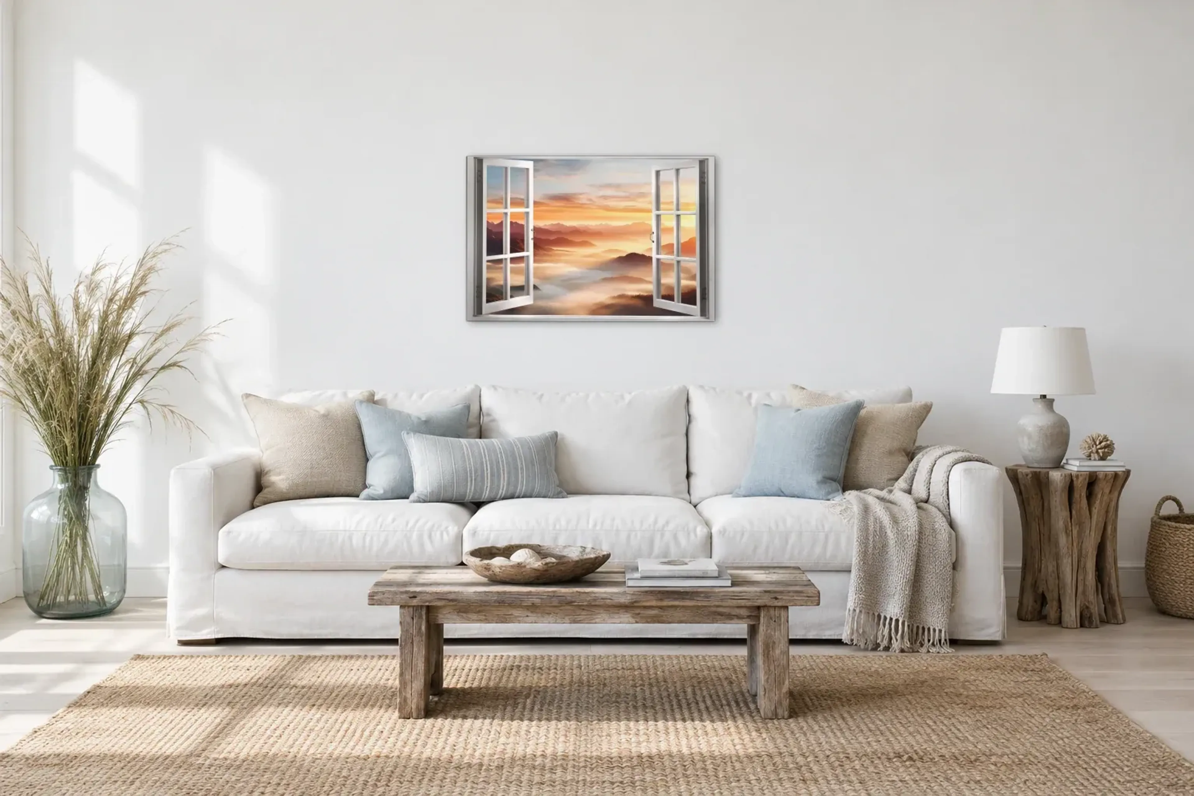 Berge im Nebelmeer als Wandbild über einem 220-cm-Sofa