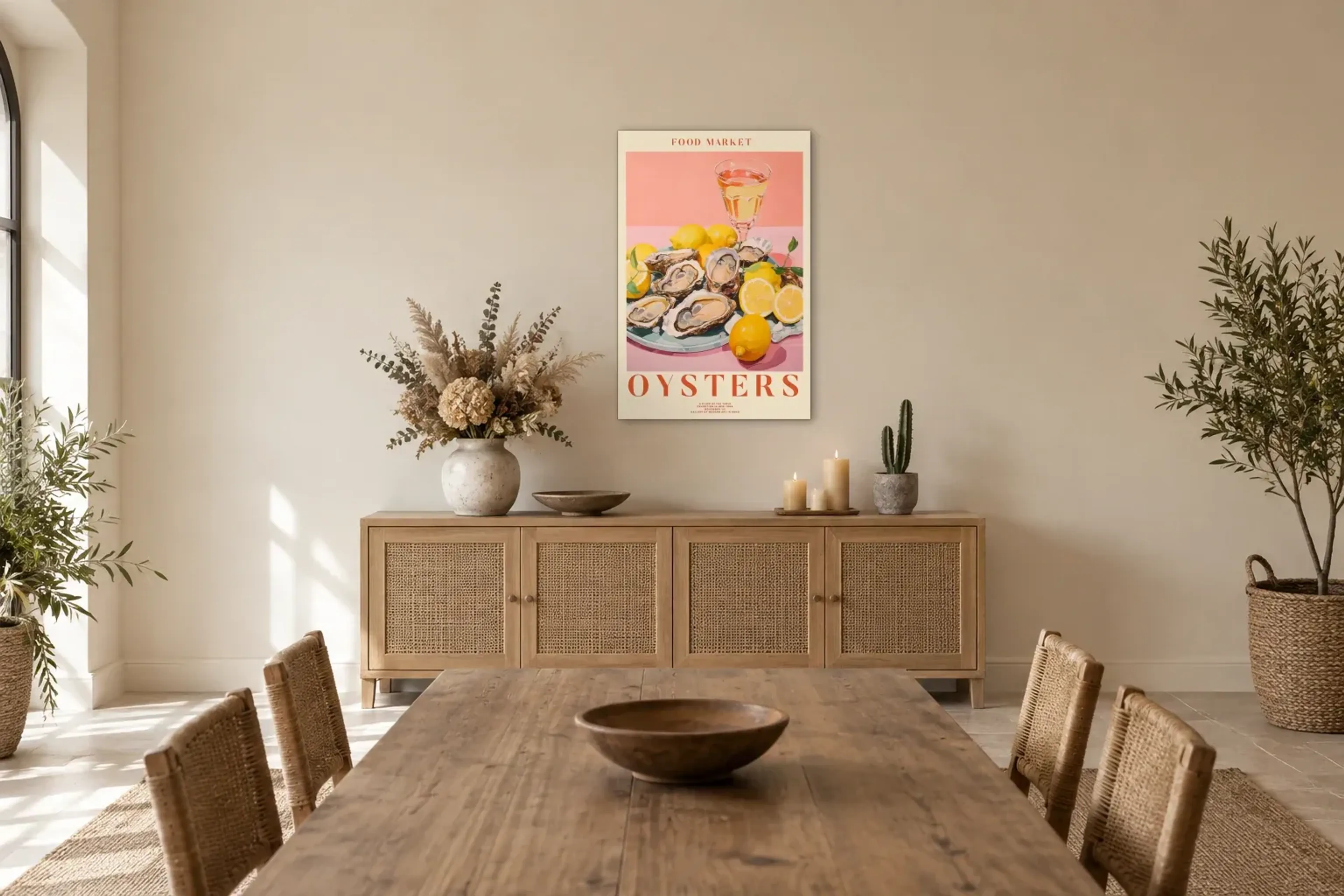 Austern Oysters als Wandbild über einem 160-cm-Sideboard