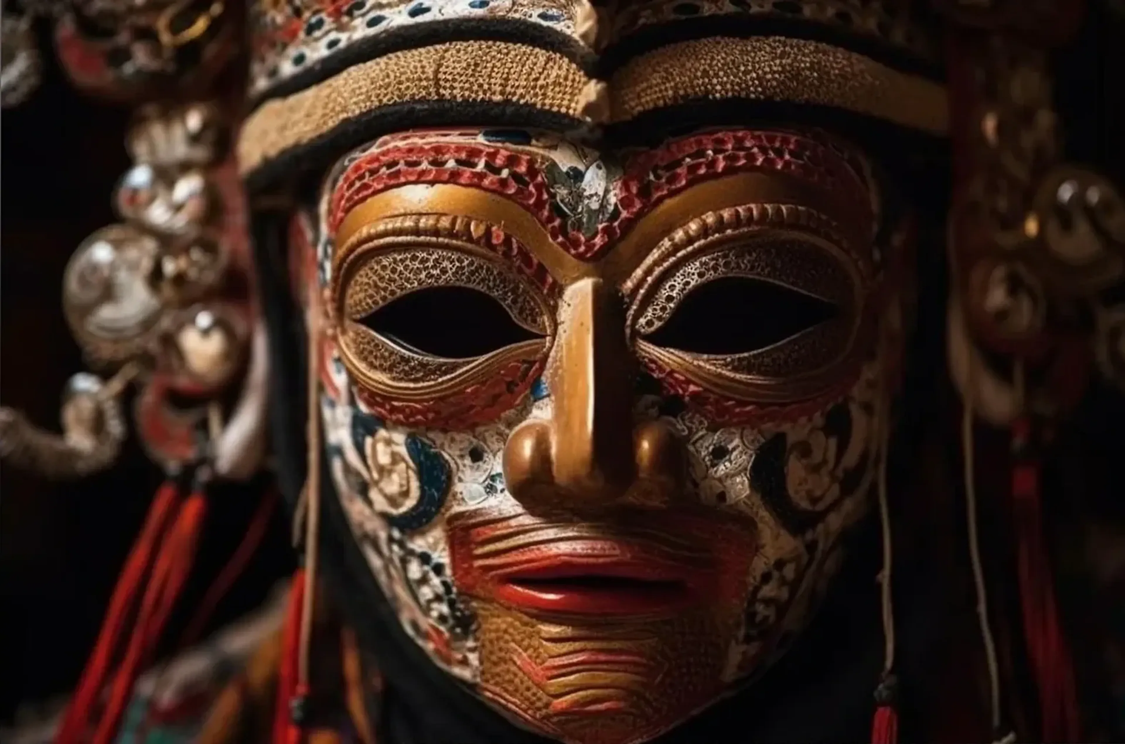 Frontal gezeigte Maske mit goldbraunen, roten und cremeweißen Mustern, schwarzen Augenöffnungen und roten Lippen.