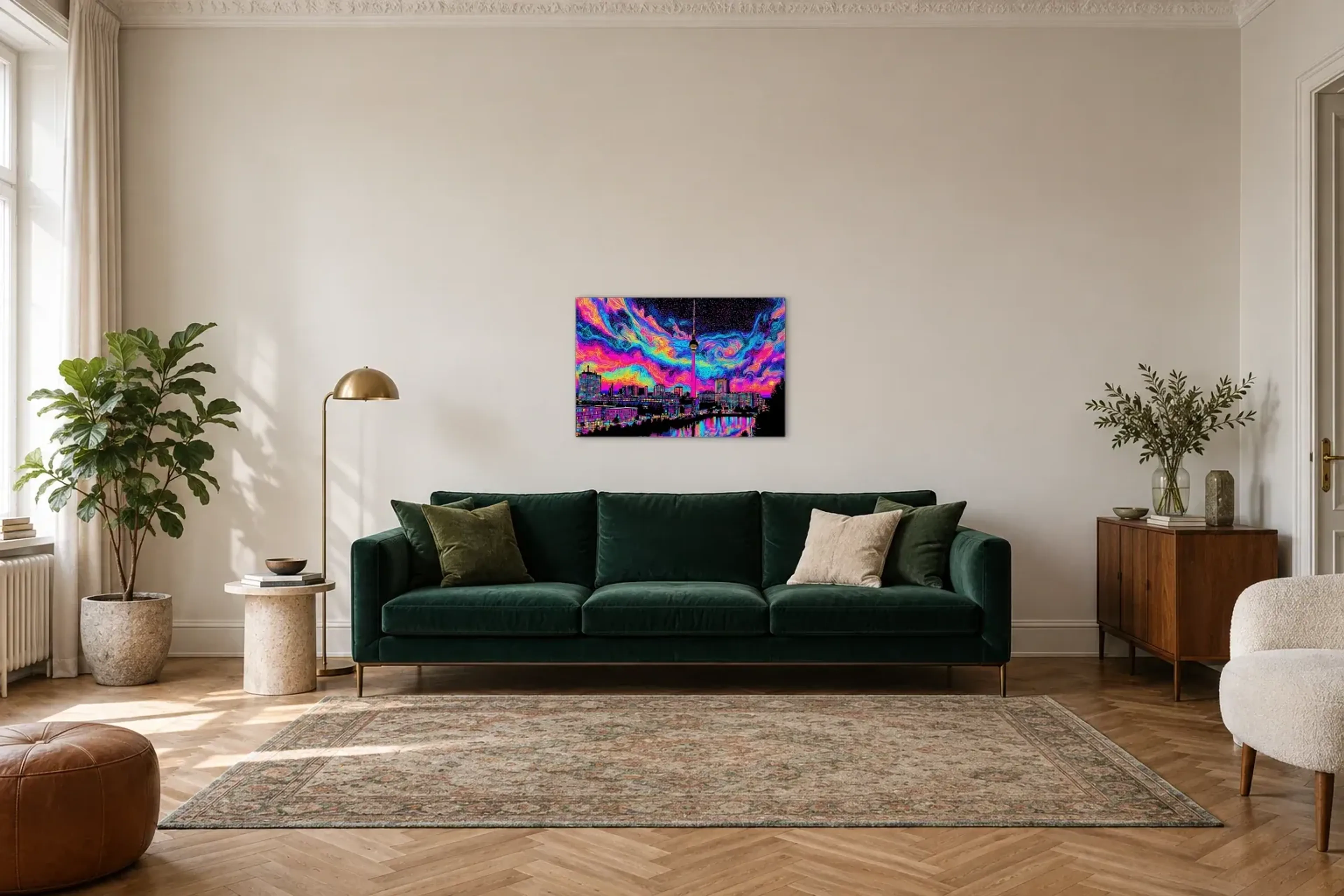 Berlin in Neonwirbeln als Wandbild über einem 220-cm-Sofa