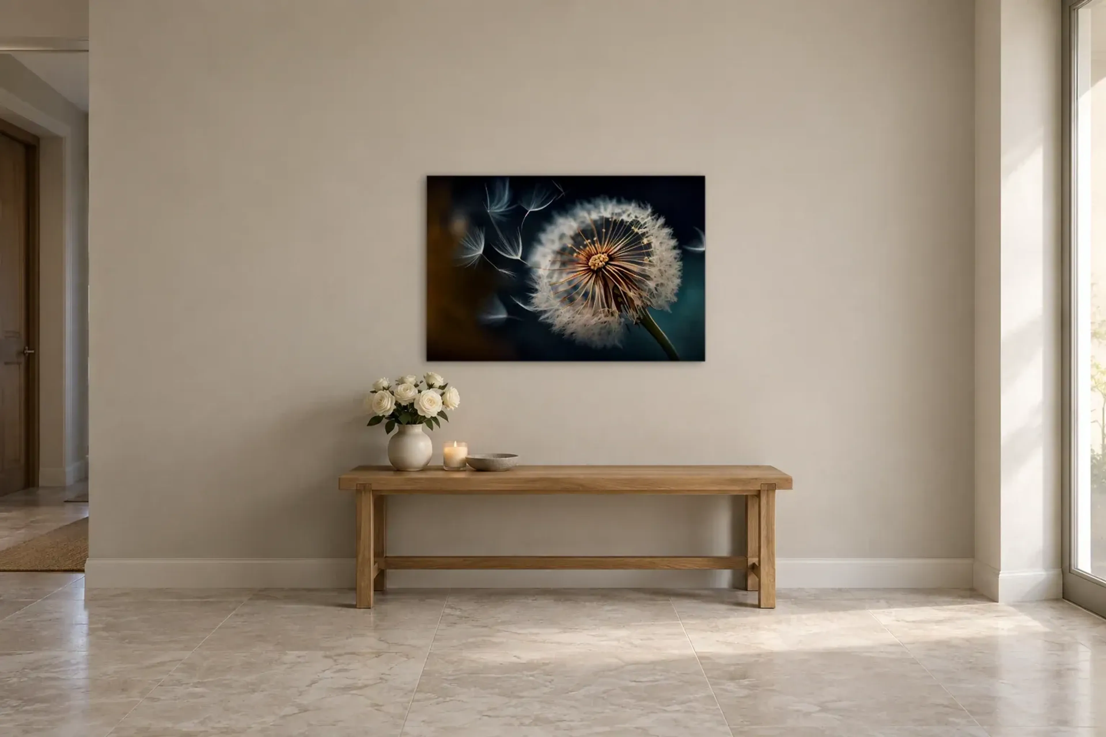 Löwenzahn abstrakt als Wandbild über einer 120-cm-Bank