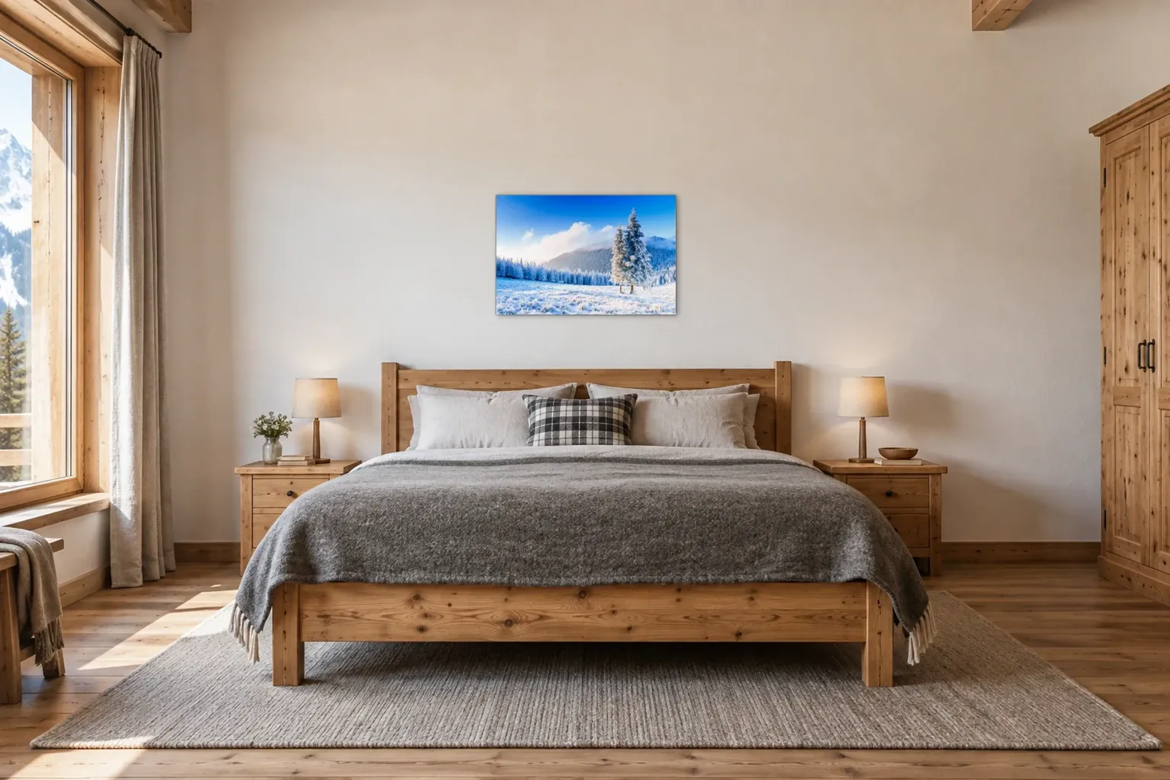 Nadelbäume im Schnee als Wandbild über einem 180-cm-Bett