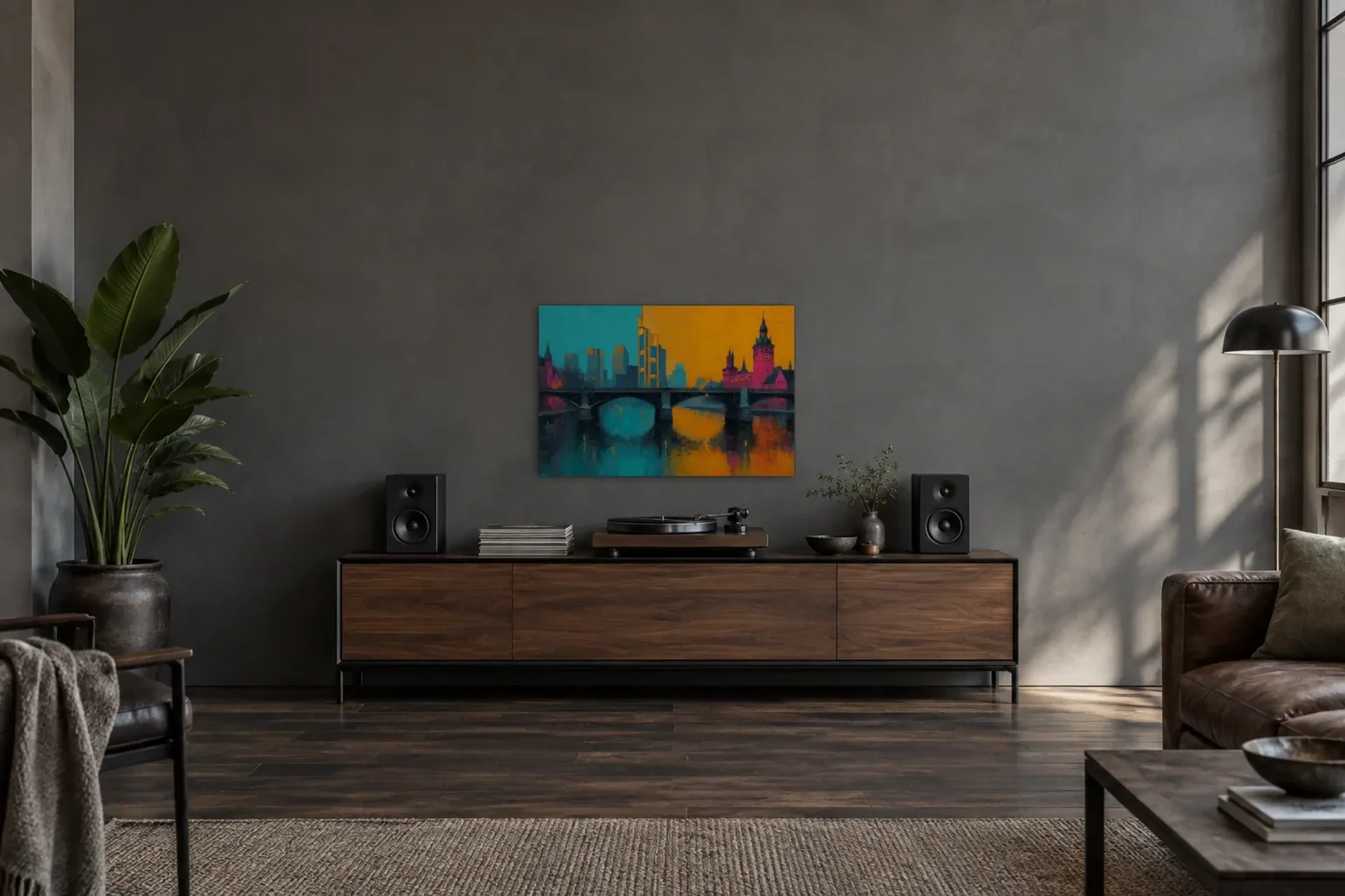 Frankfurt in Türkis und Orange als Wandbild über einem 200-cm-Sideboard