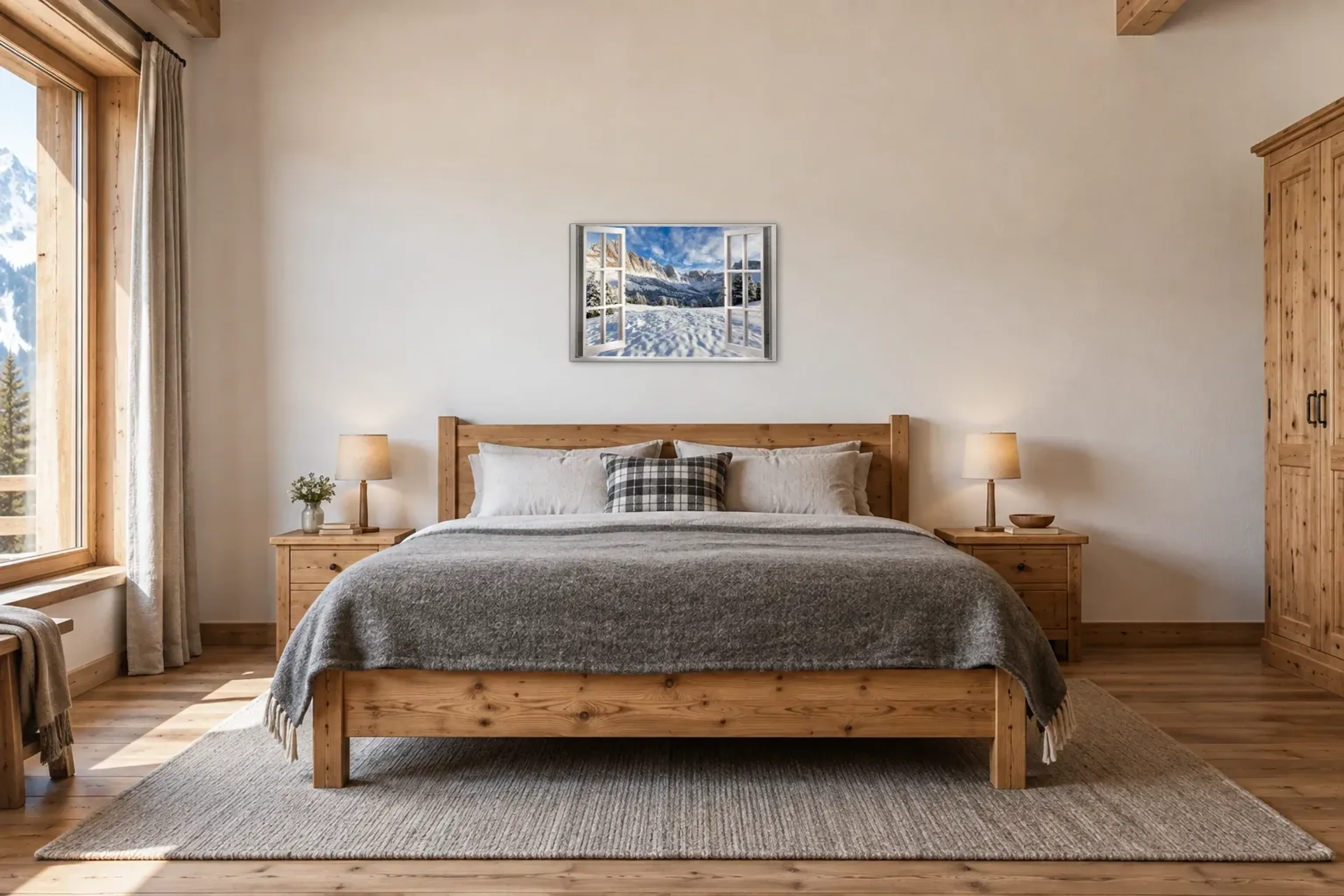 Verschneite Berglandschaft als Wandbild über einem 180-cm-Bett