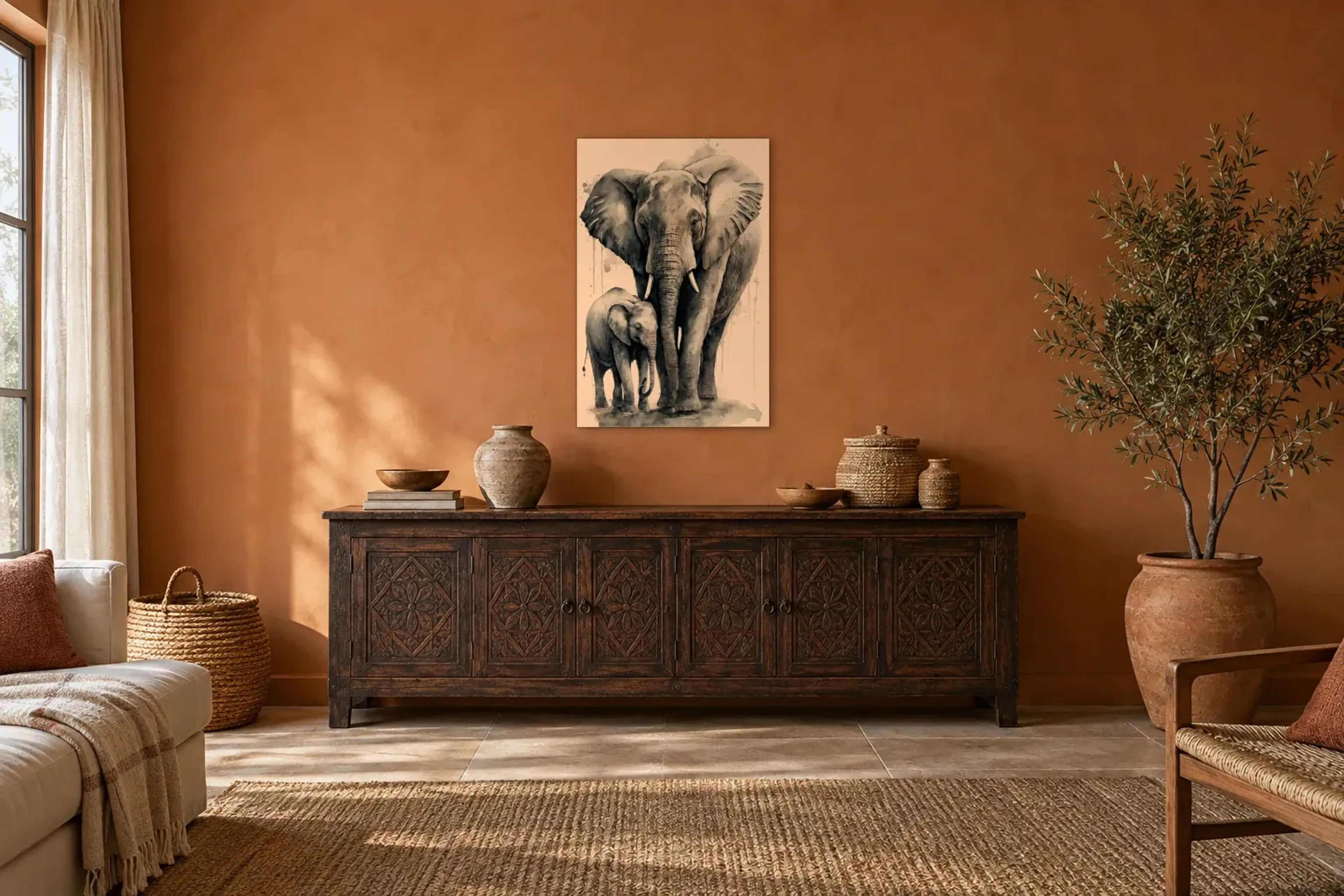 Mama Elefant und Baby als Wandbild über einem 180-cm-Sideboard