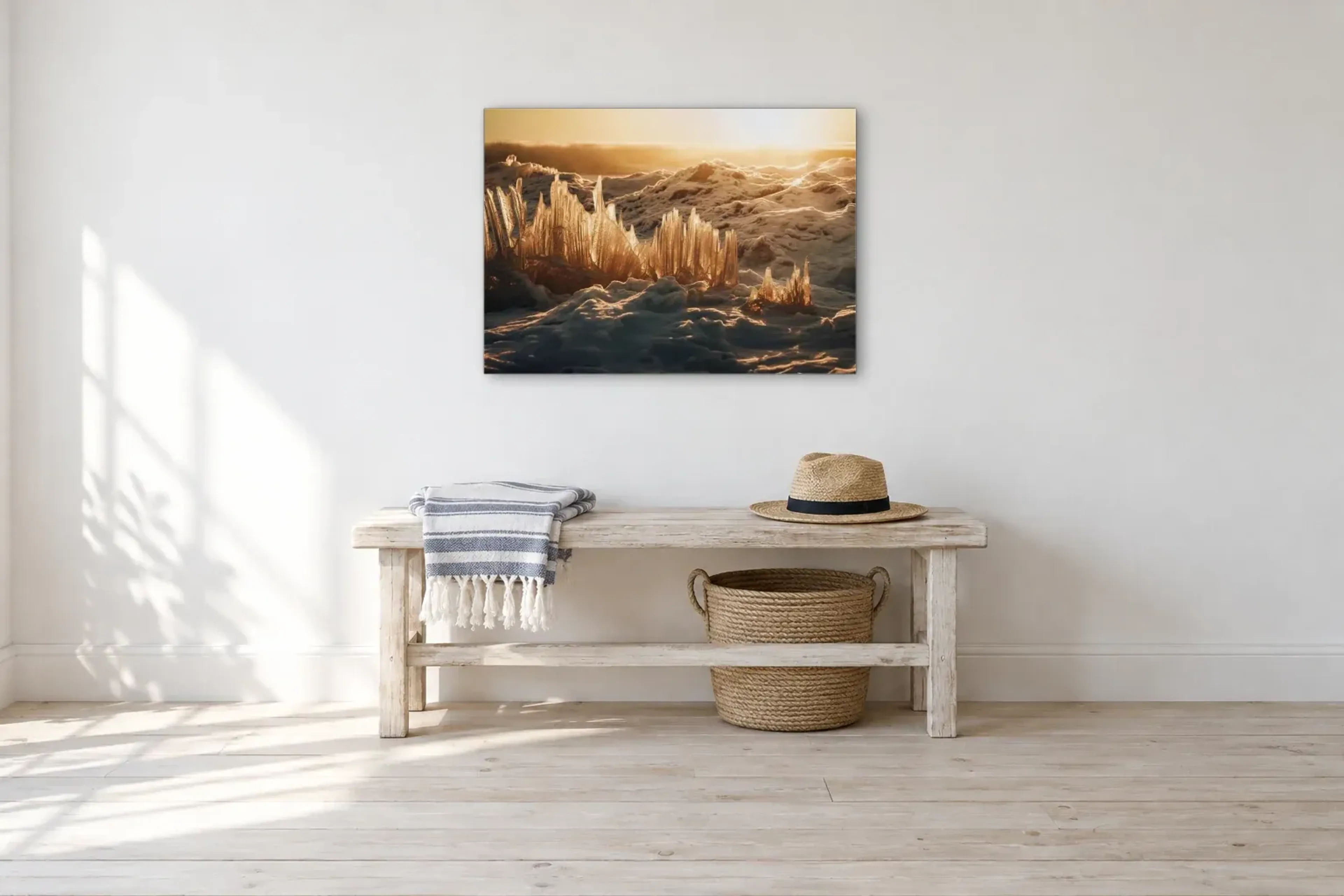 Salz-Geometrien am Strand als Wandbild über einer 100-cm-Bank