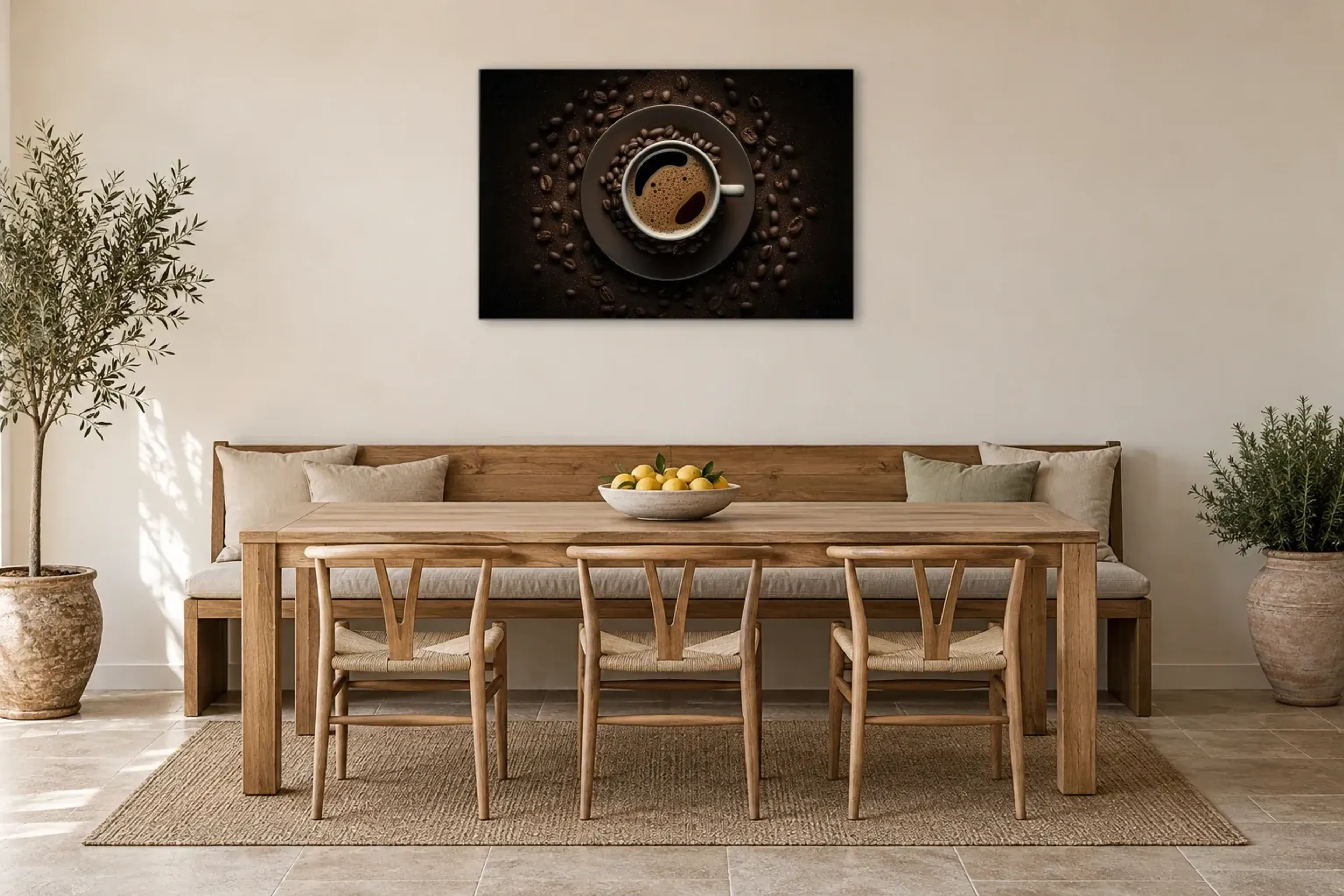 Kaffee-Tasse als Wandbild über einer 200-cm-Sitzbank