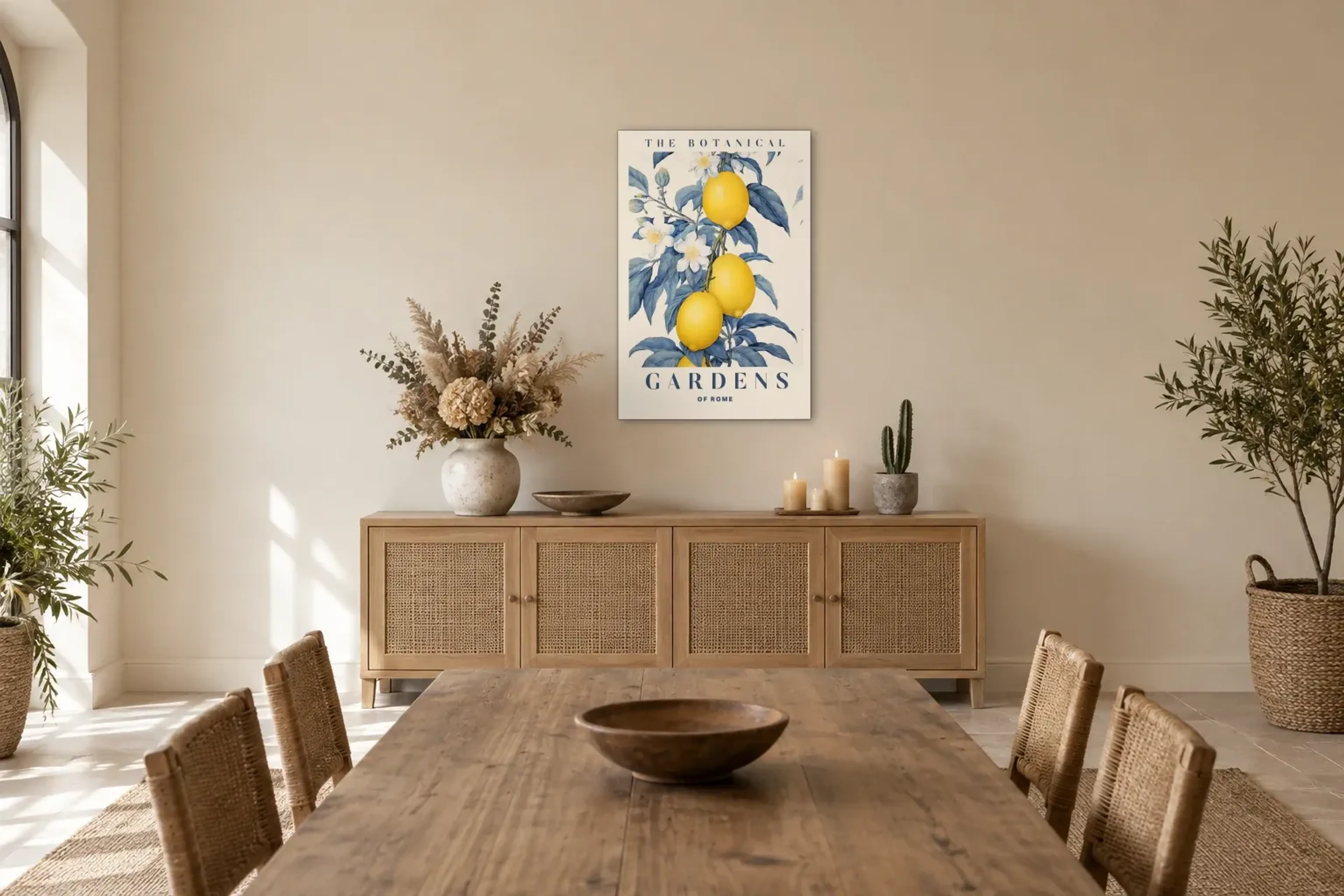 Botanischer Garten als Wandbild über einem 160-cm-Sideboard
