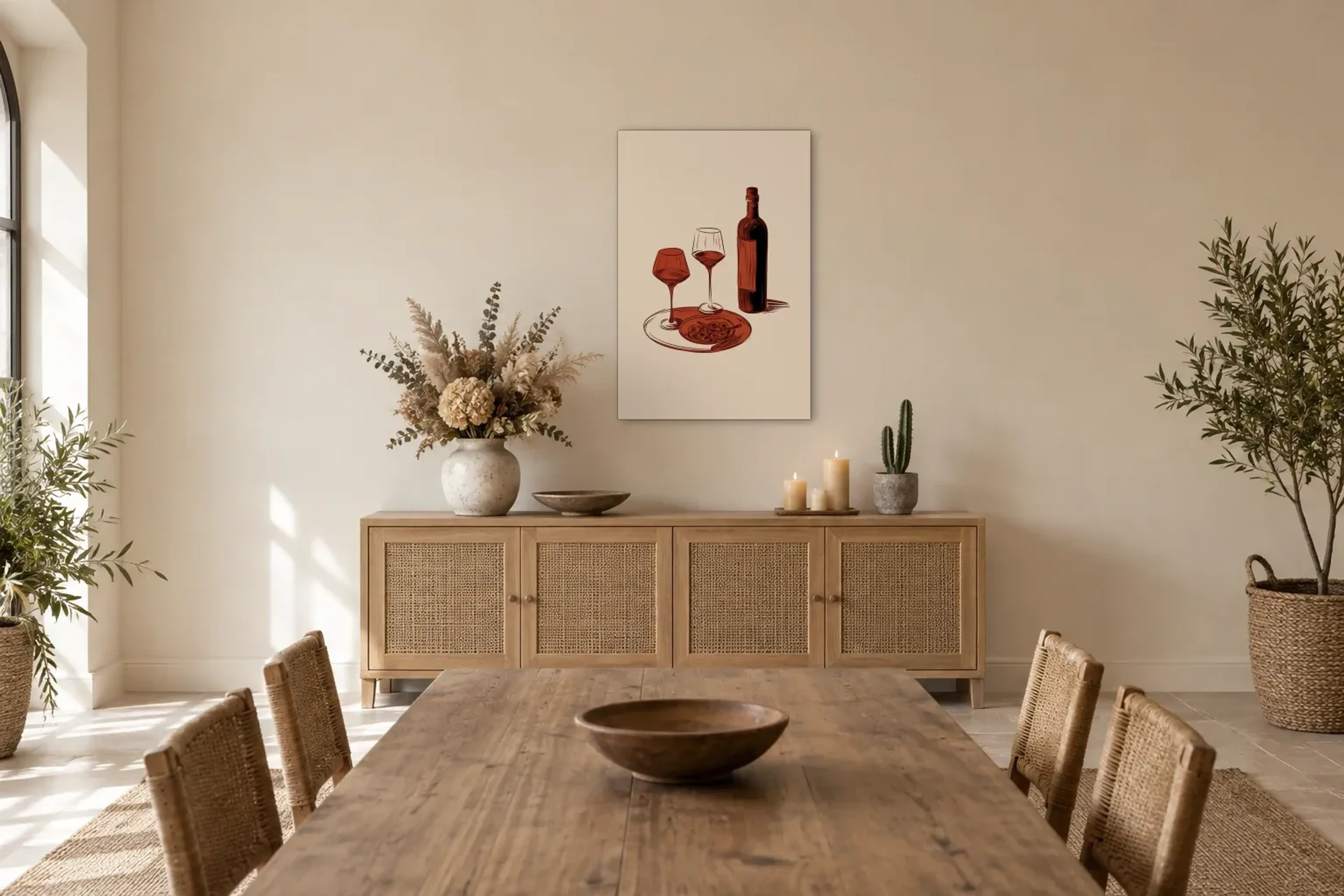 Wein und Pasta als Wandbild über einem 160-cm-Sideboard