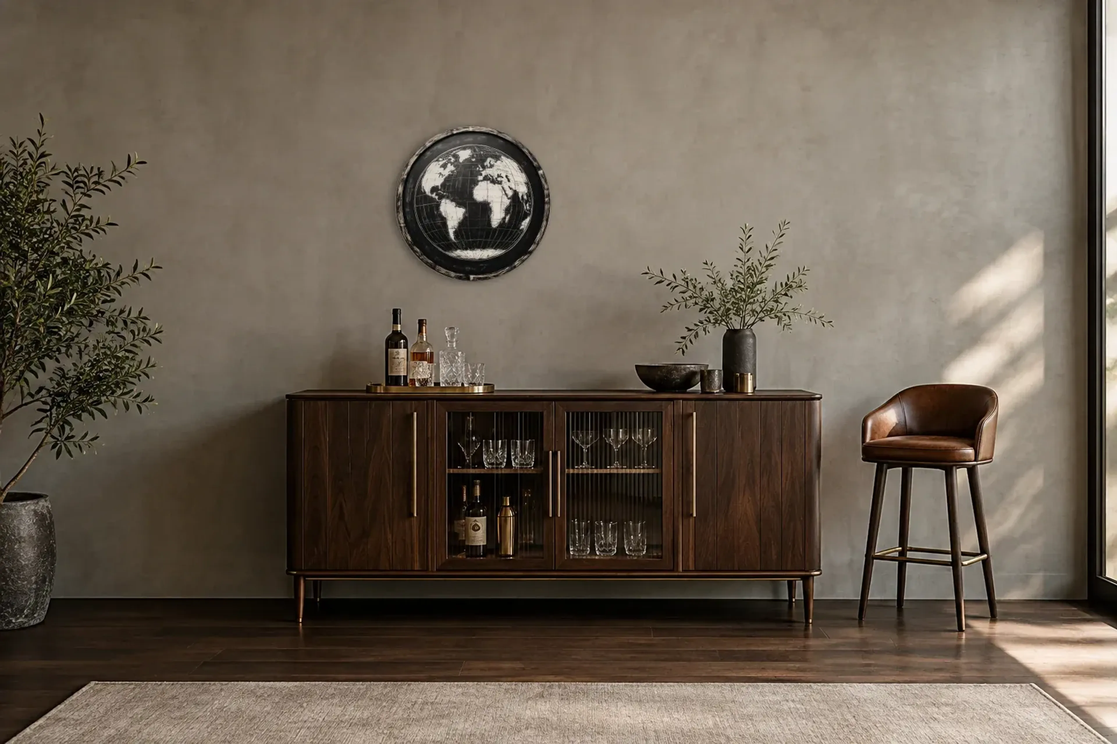 Globus als Wandbild über einem 150-cm-Barschrank