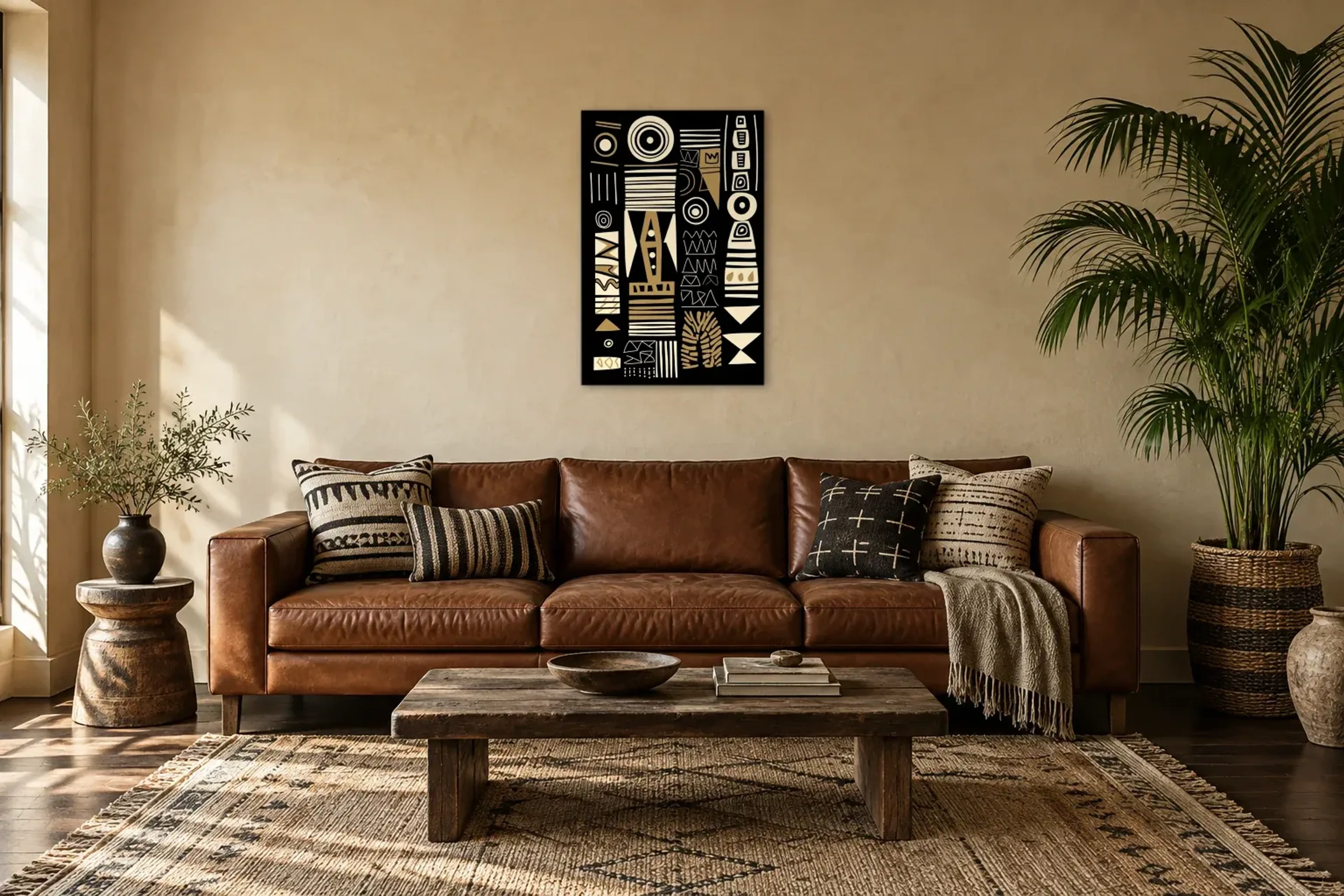 Zeichen auf Schwarz als Wandbild über einem 220-cm-Sofa