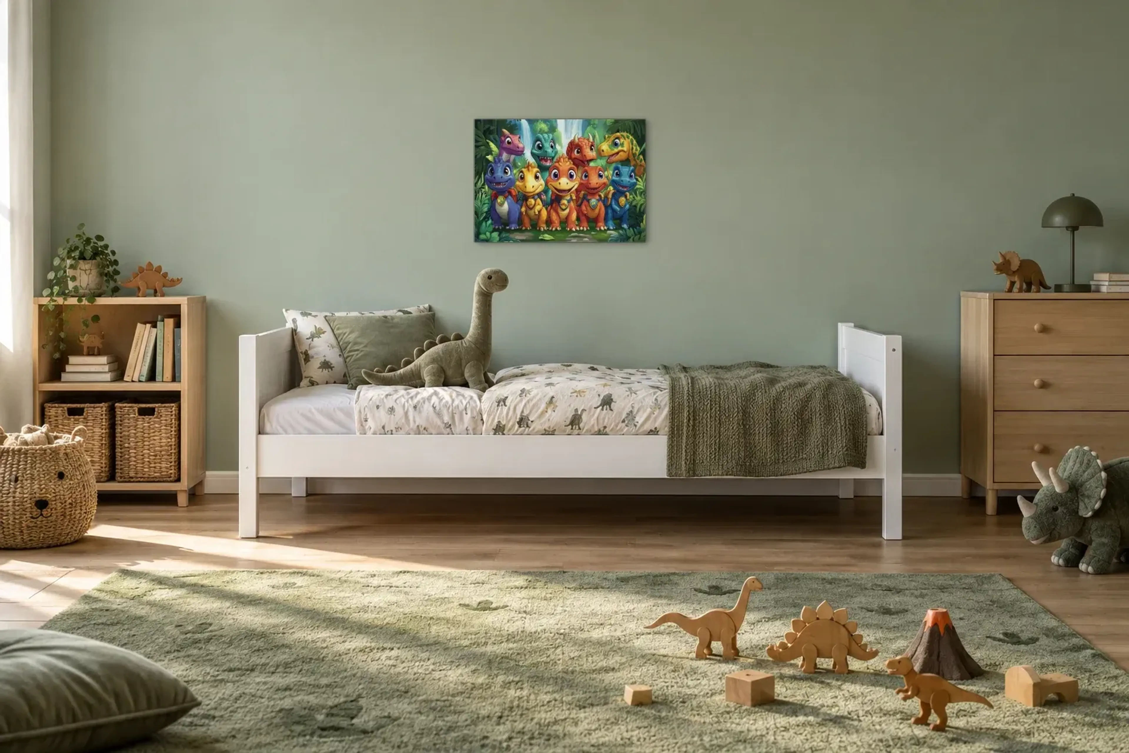 Dino-Truppe im Dschungel als Wandbild über einem 200-cm-Kinderbett