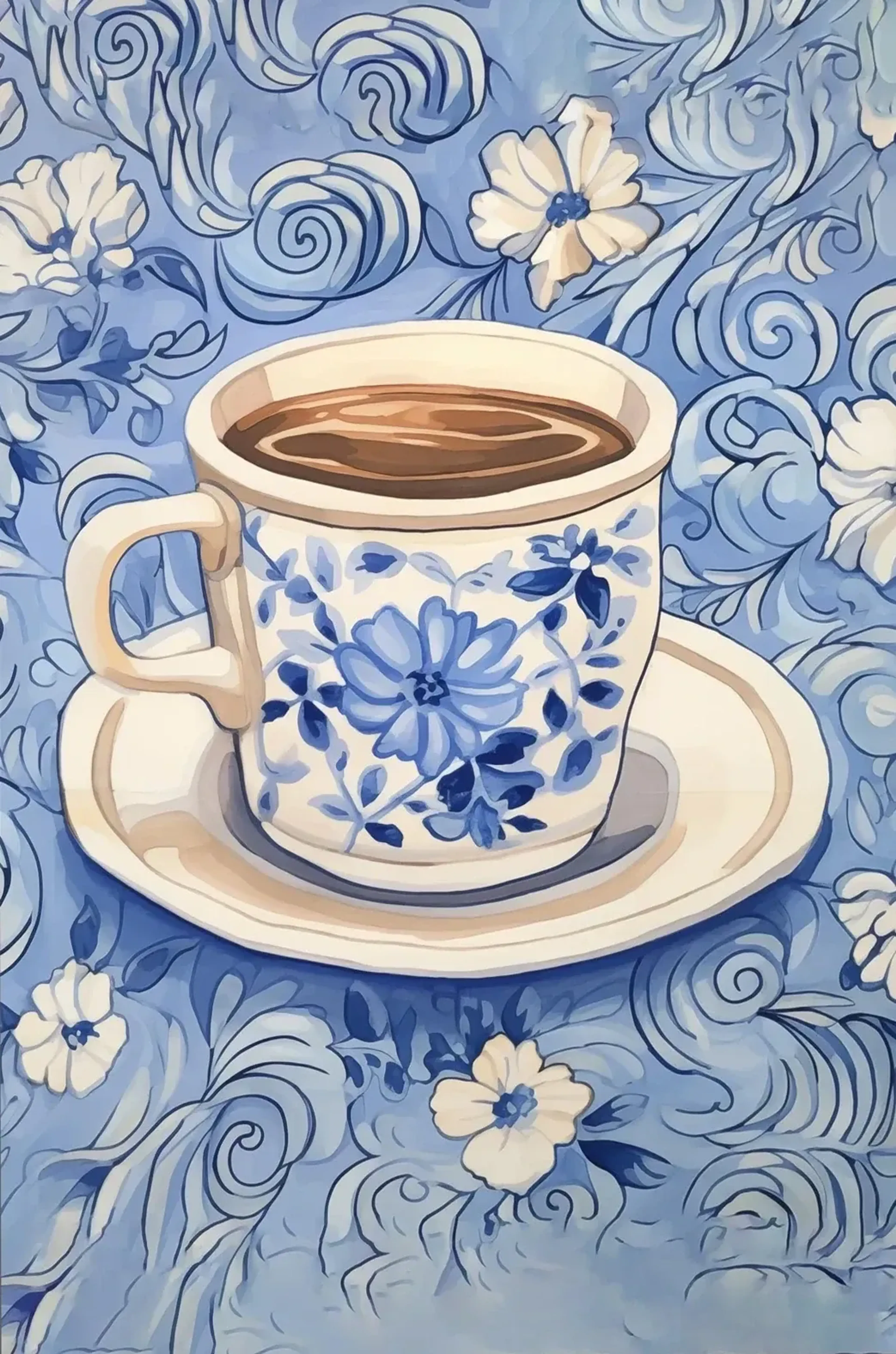 Kaffeetasse mit blauen Blüten – Motiv als Wandbild auf Holz
