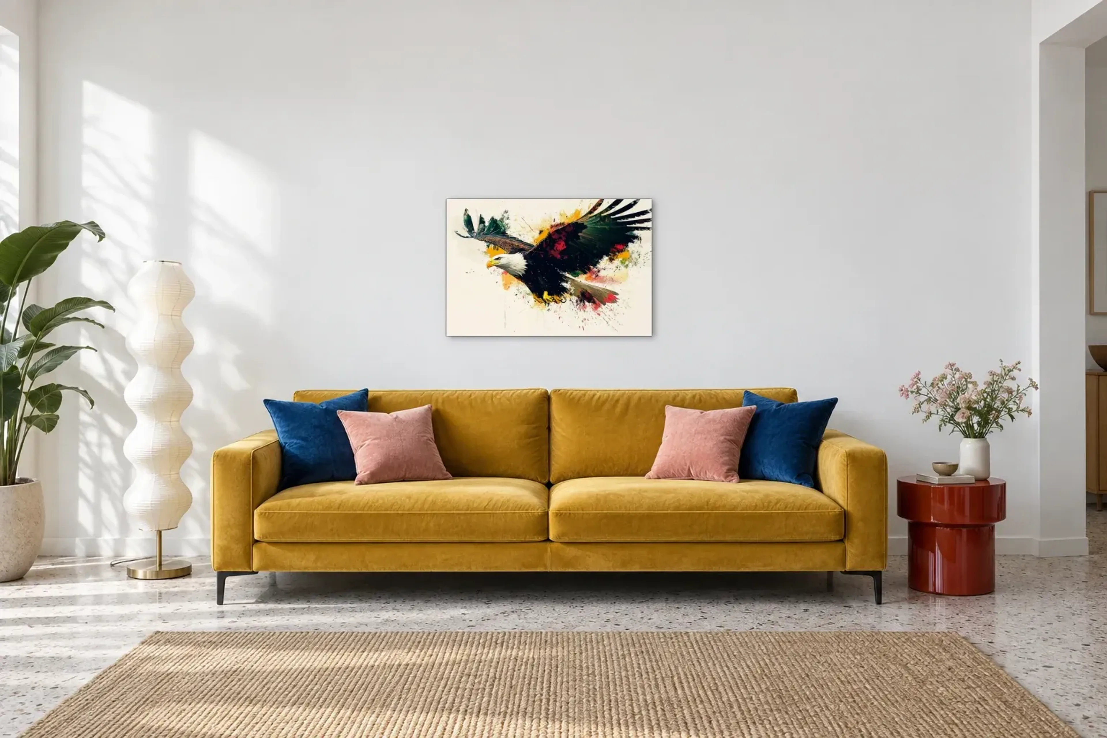 Adler mit weiten Schwingen als Wandbild über einem 220-cm-Sofa