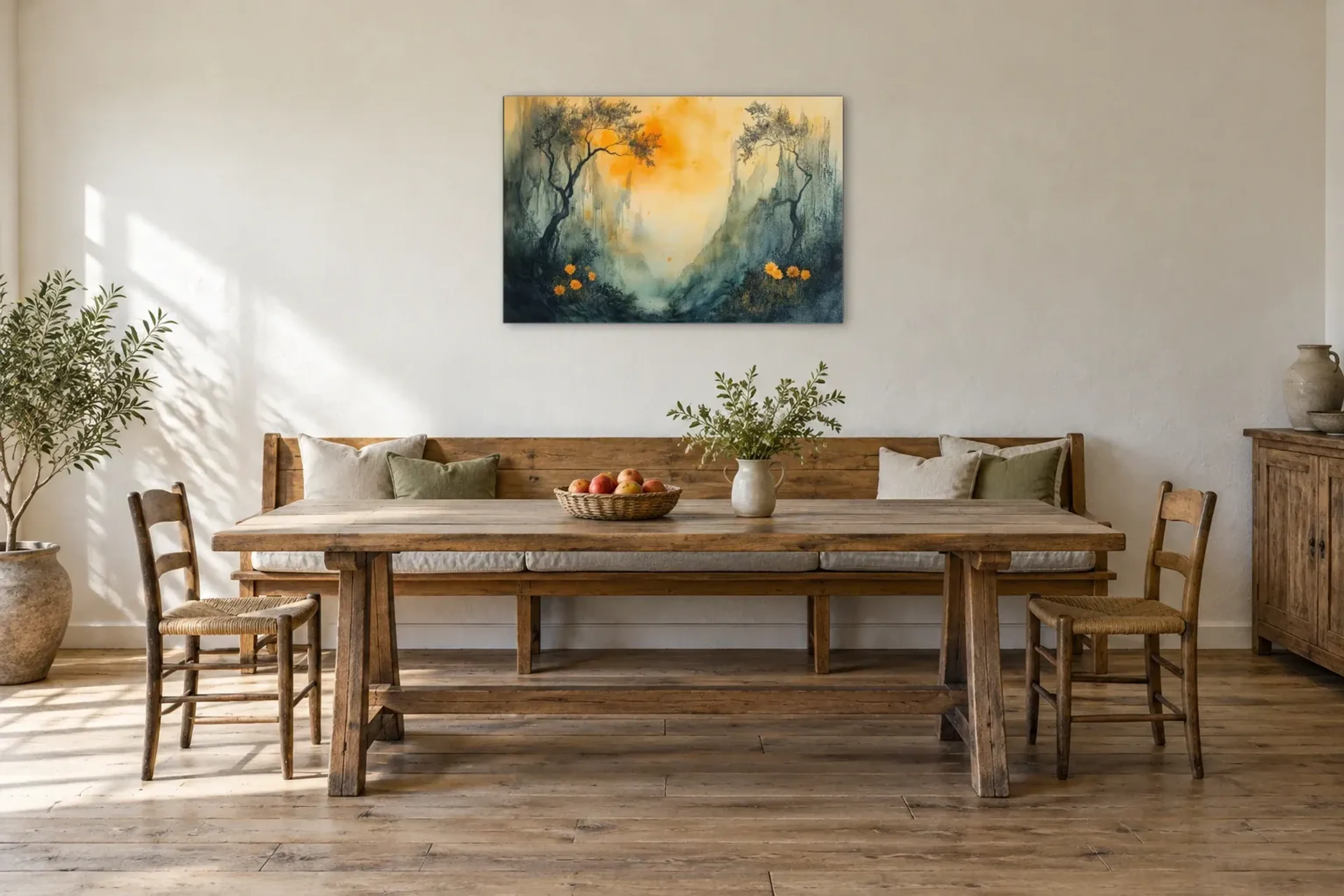 Tal im goldenen Licht als Wandbild über einer 200-cm-Sitzbank