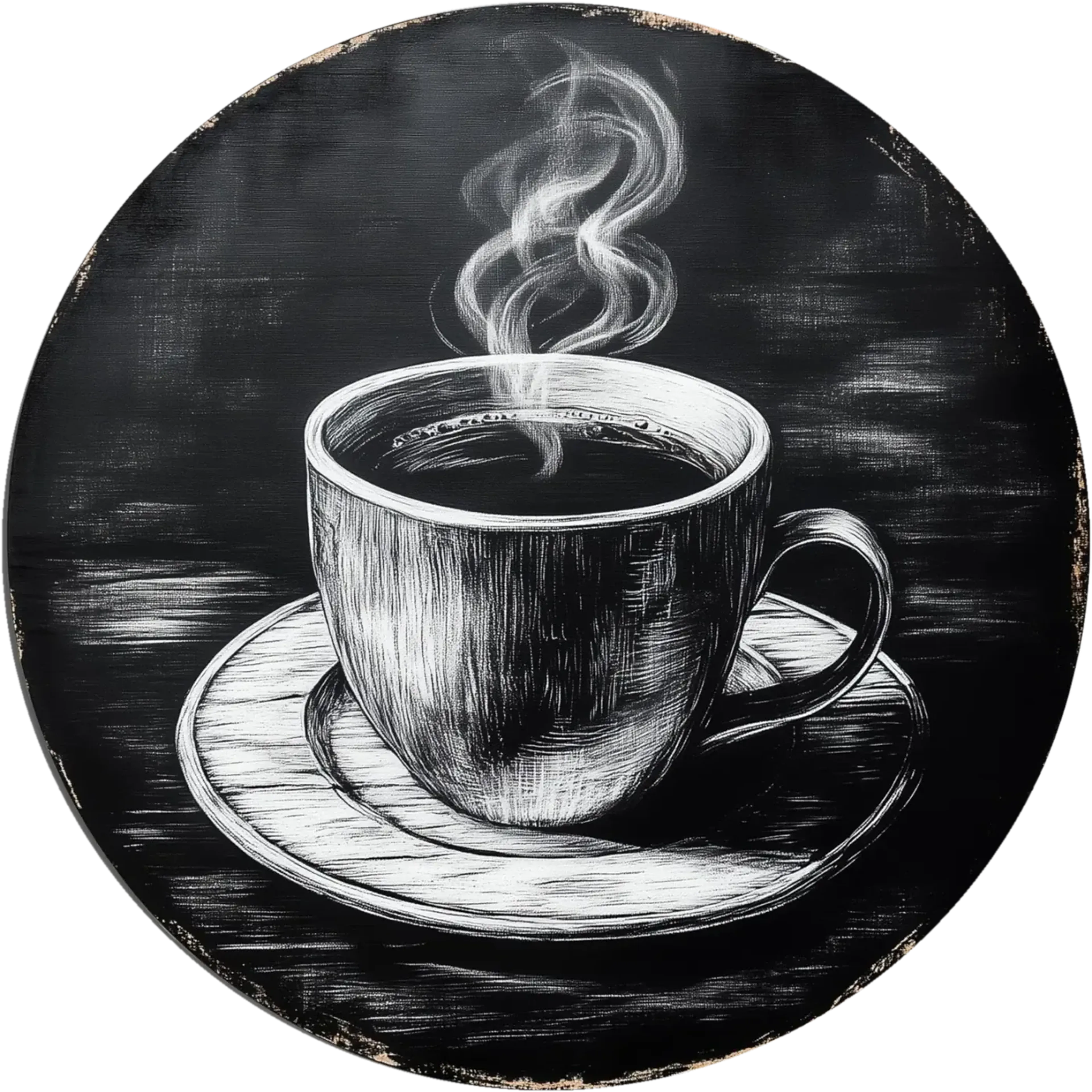 Dampfende Kaffeetasse mit Untertasse in weißen Schraffuren auf schwarzem Grund im runden Format.