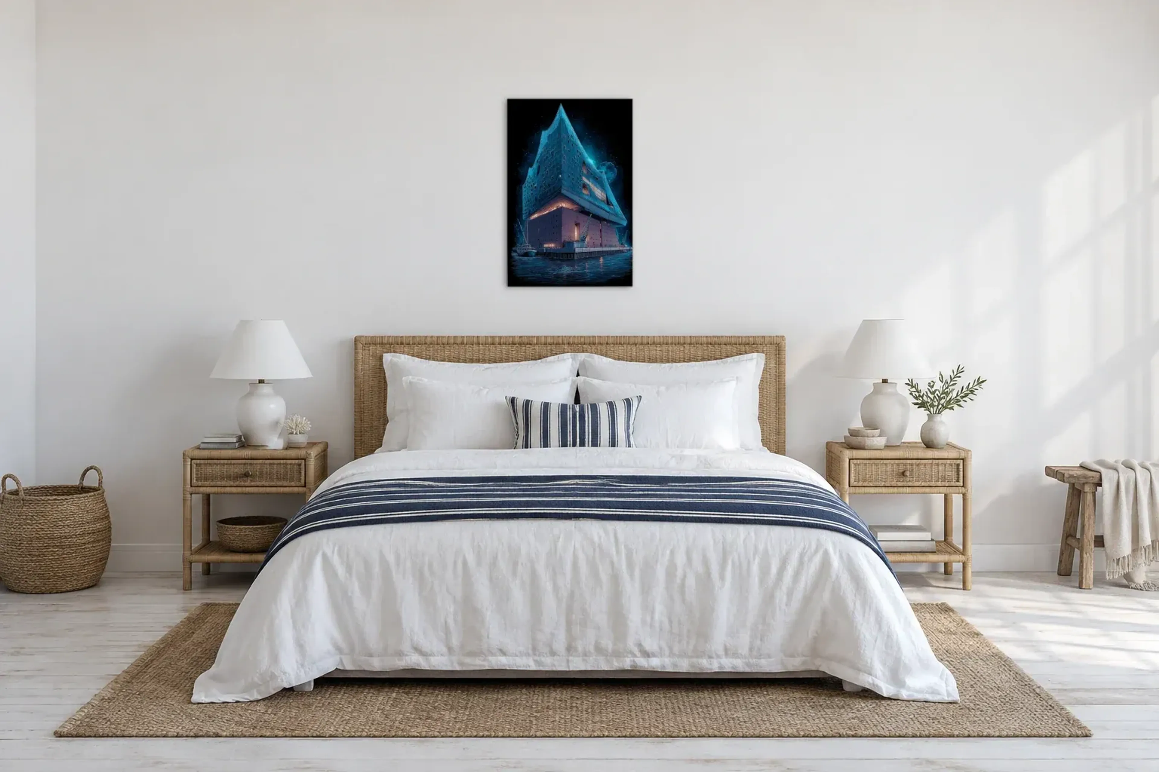 Elbphilharmonie unter Sternen als Wandbild über einem 180-cm-Bett