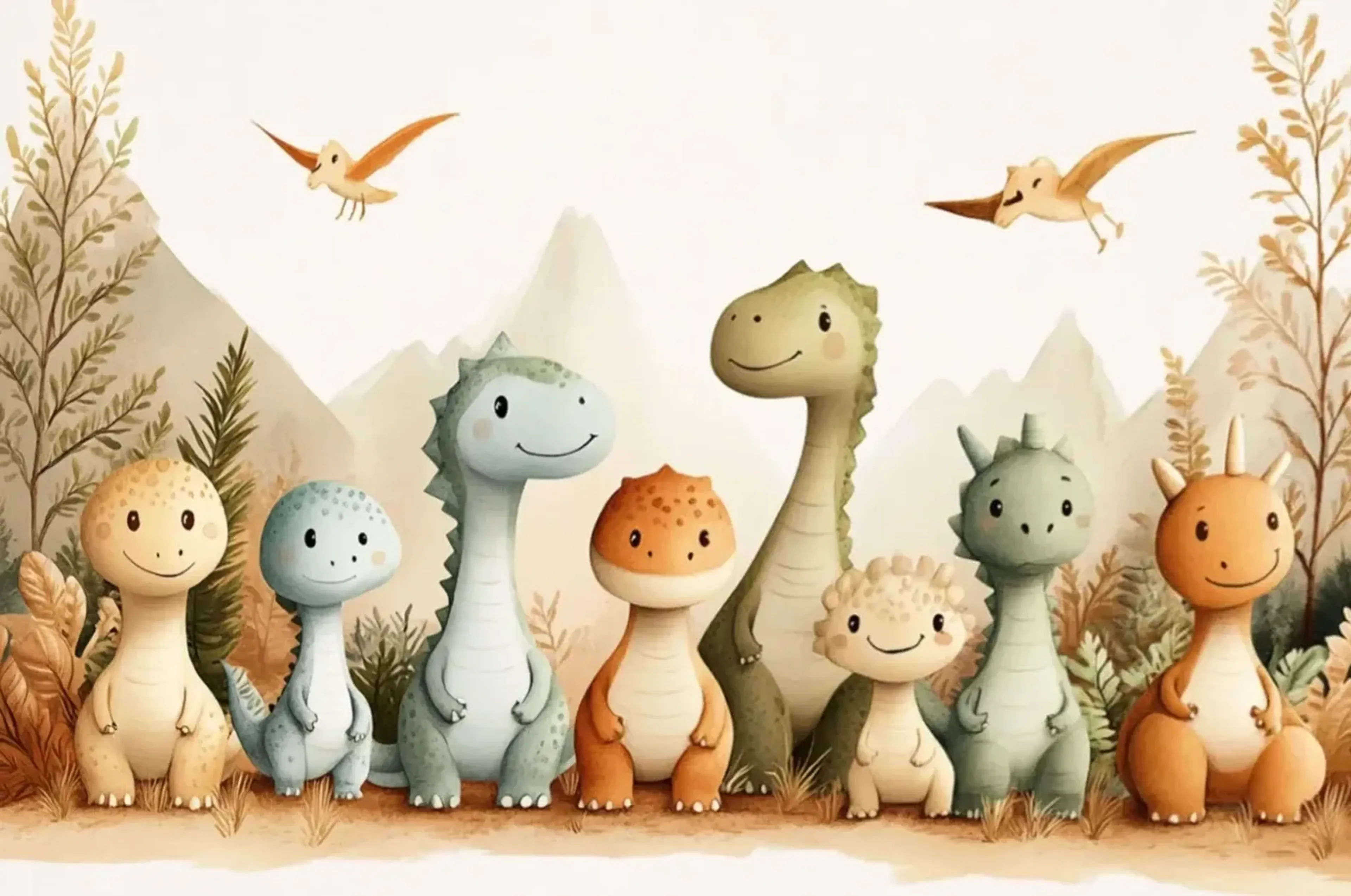 Freundliche kleine Dinosaurier in Grün, Blau und Orange stehen vor hellen Bergen unter zwei Flugsauriern.