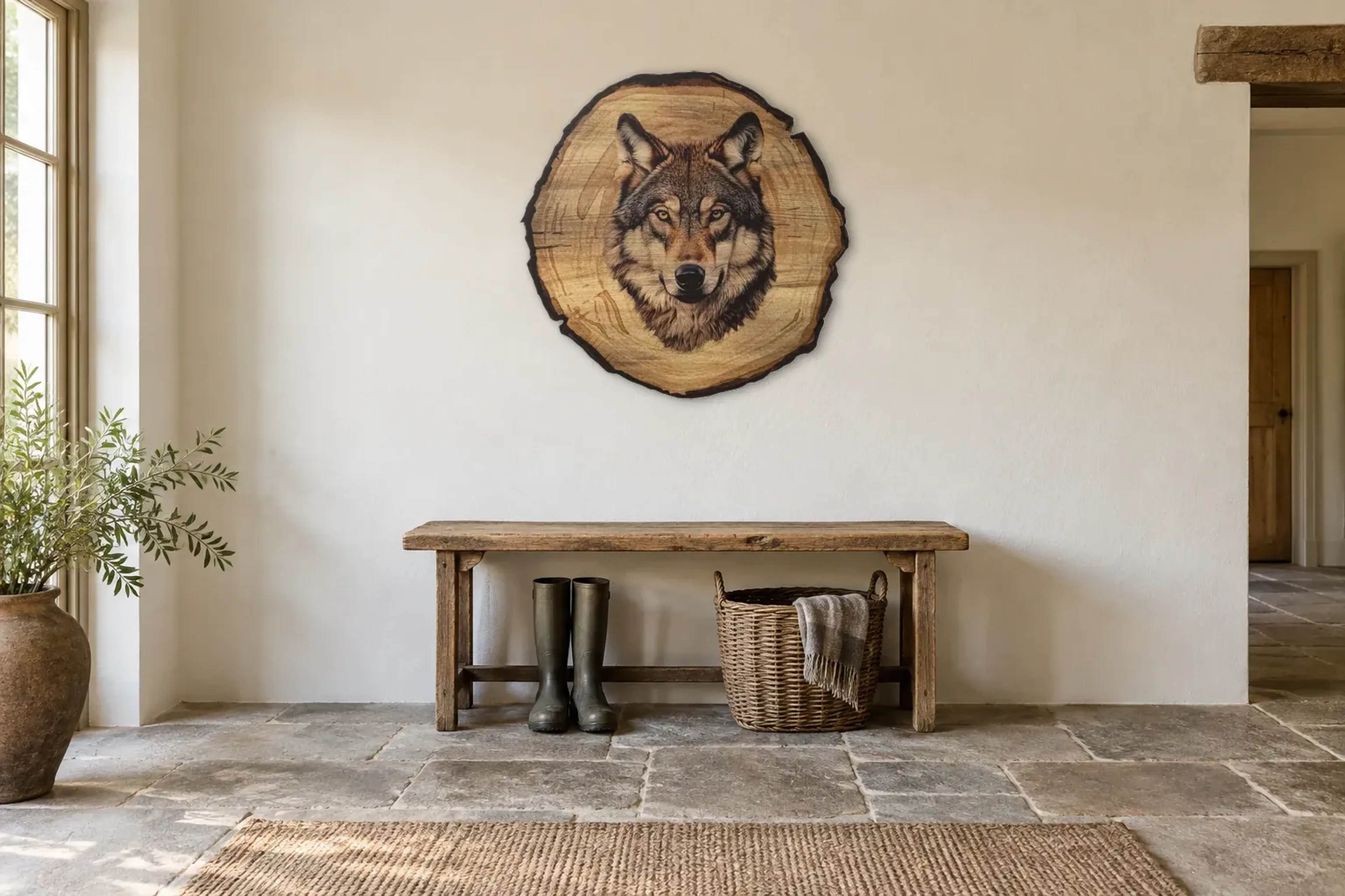 Wolf in Braun als Wandbild über einer 120-cm-Bank