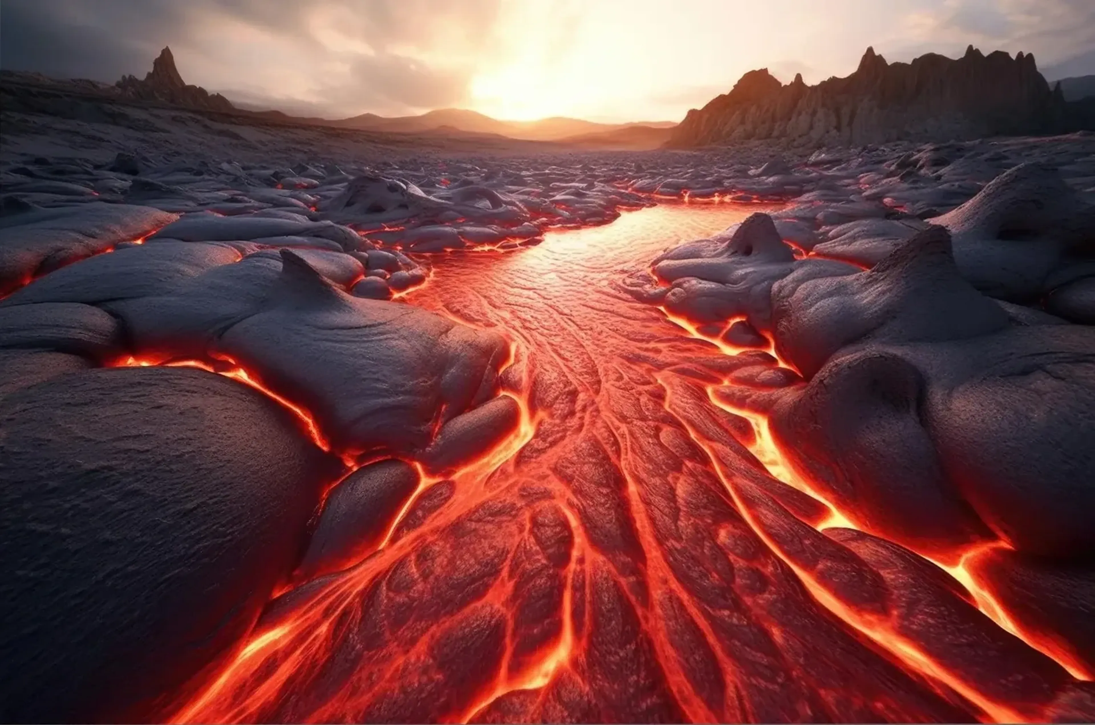 Orange-roter Lavastrom zwischen dunklen Gesteinsflächen vor felsigem Horizont und tief stehender Sonne.
