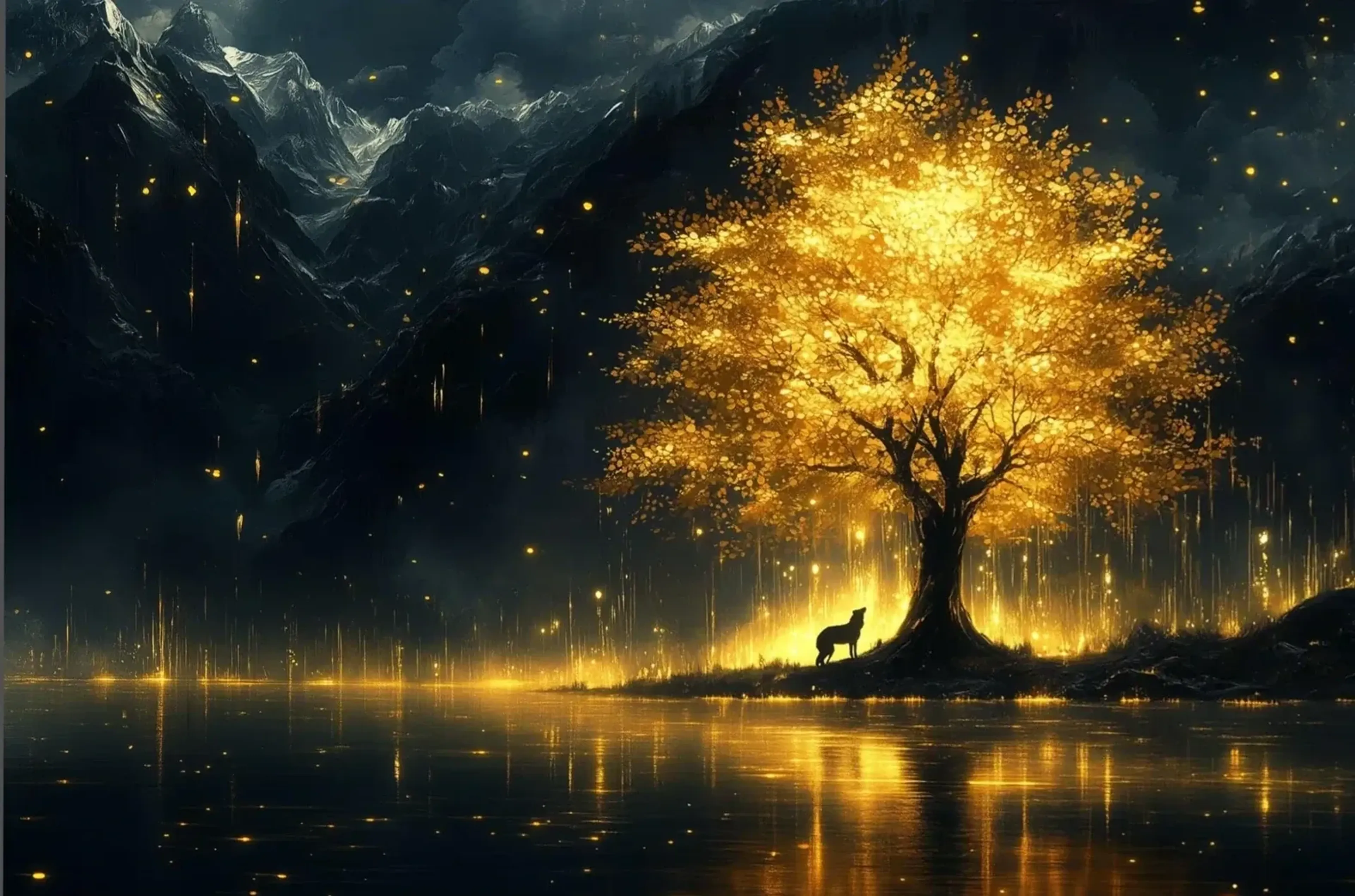 Ein Wolf steht unter einem goldgelb leuchtenden Baum am See, dahinter erheben sich dunkle Berge.