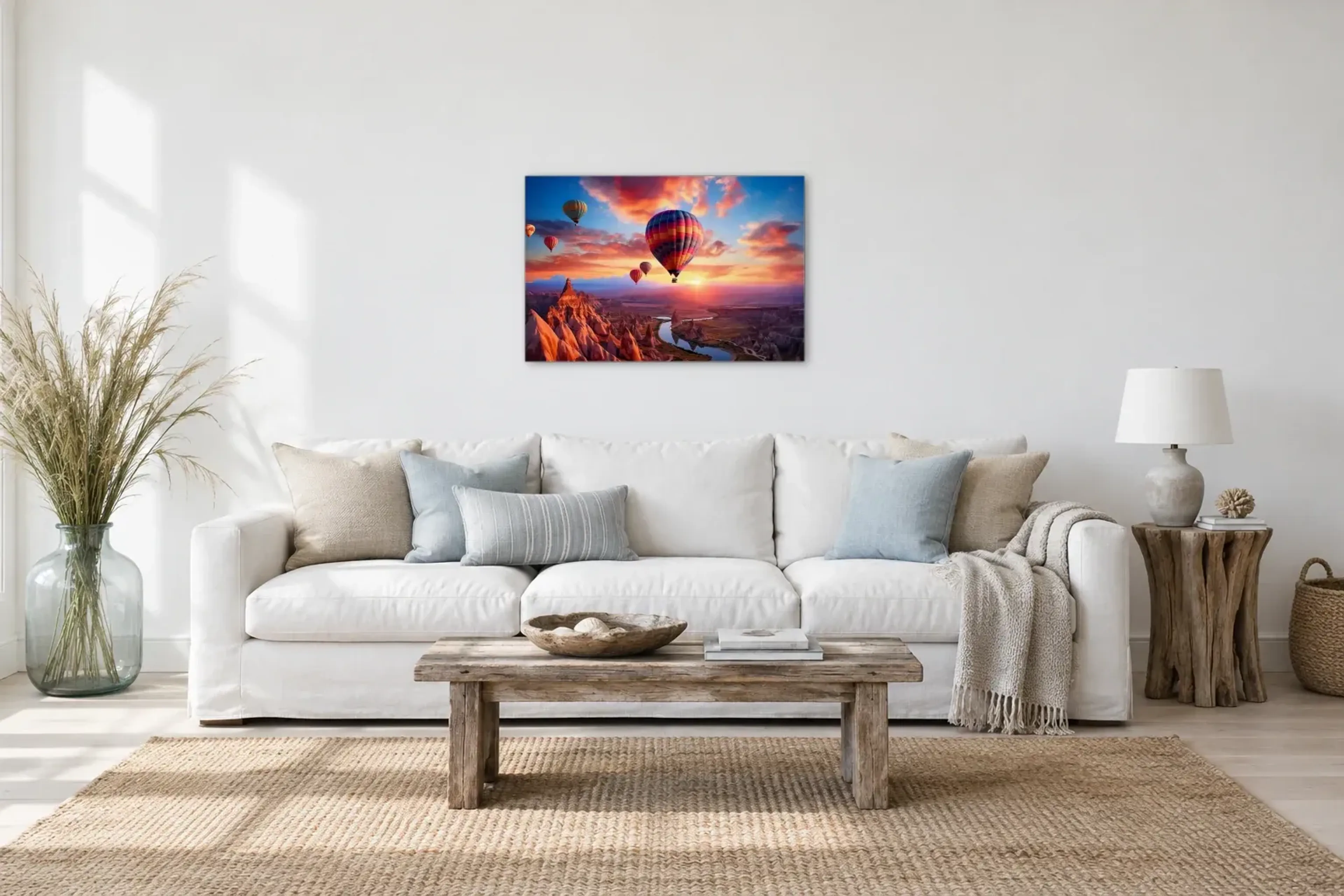 Ballons im Abendlicht als Wandbild über einem 220-cm-Sofa