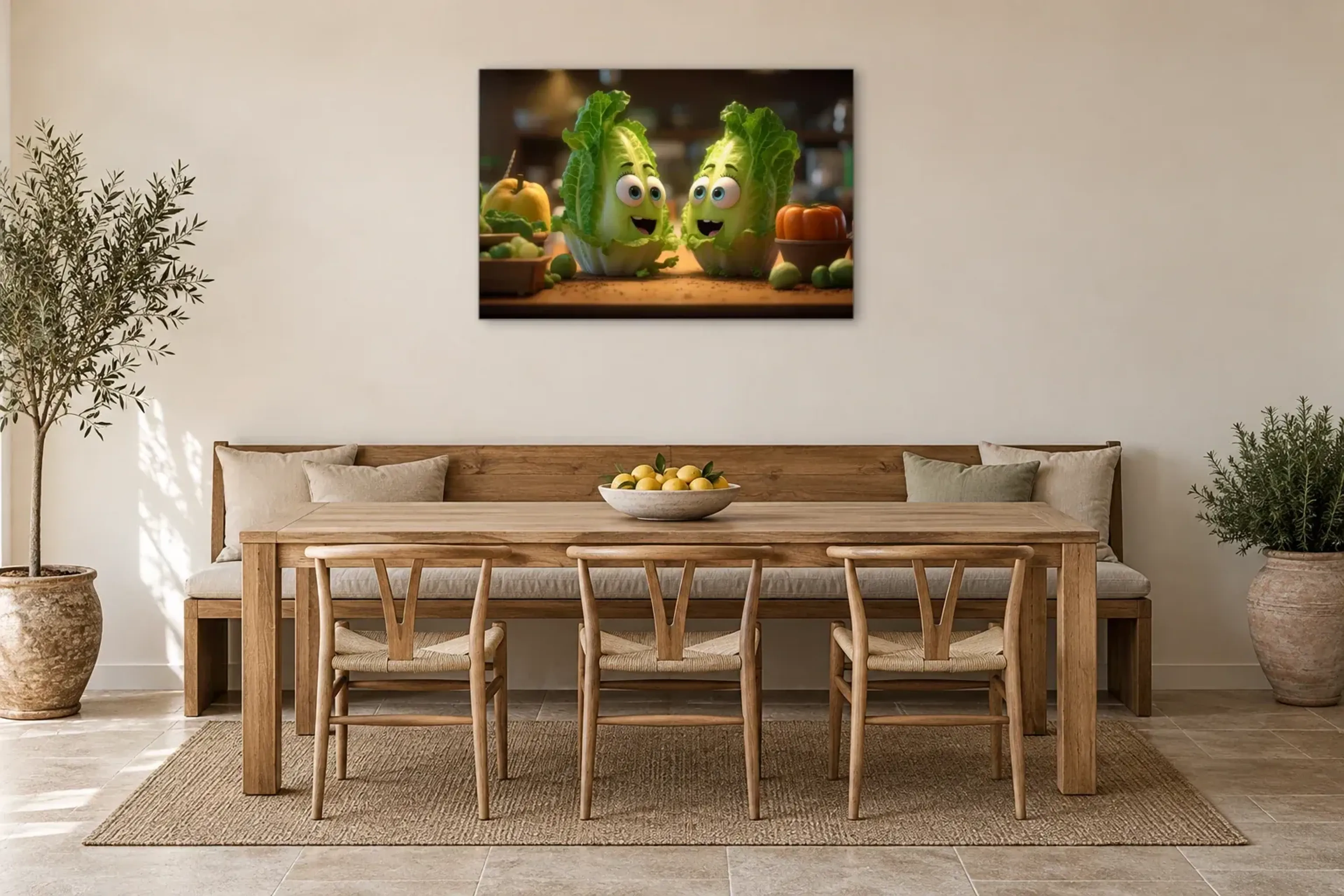 Fröhliches Salatduo als Wandbild über einer 200-cm-Sitzbank