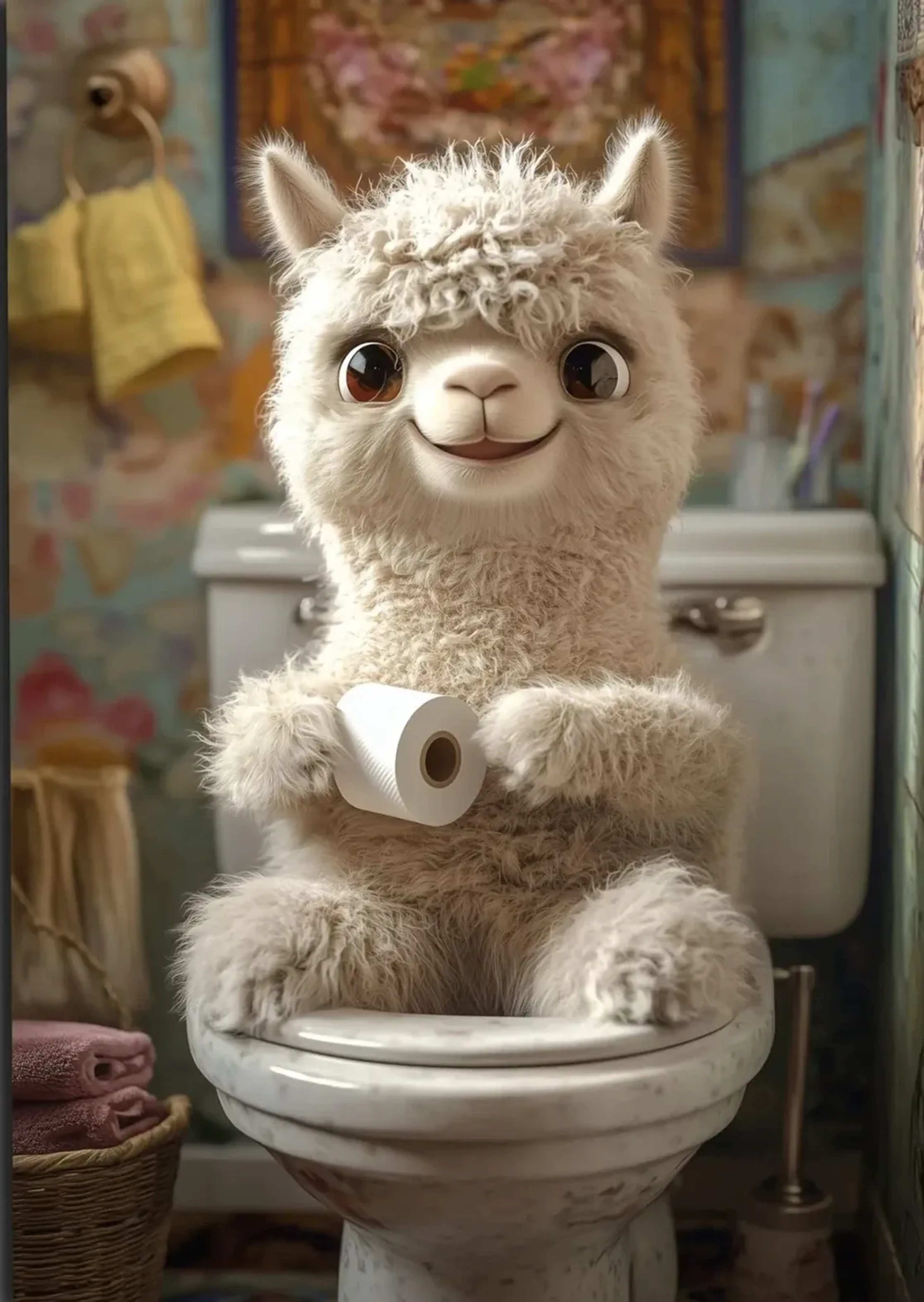 Ein flauschiges Alpaka mit großen Augen hält Toilettenpapier und sitzt in einem nostalgisch gestalteten Bad.
