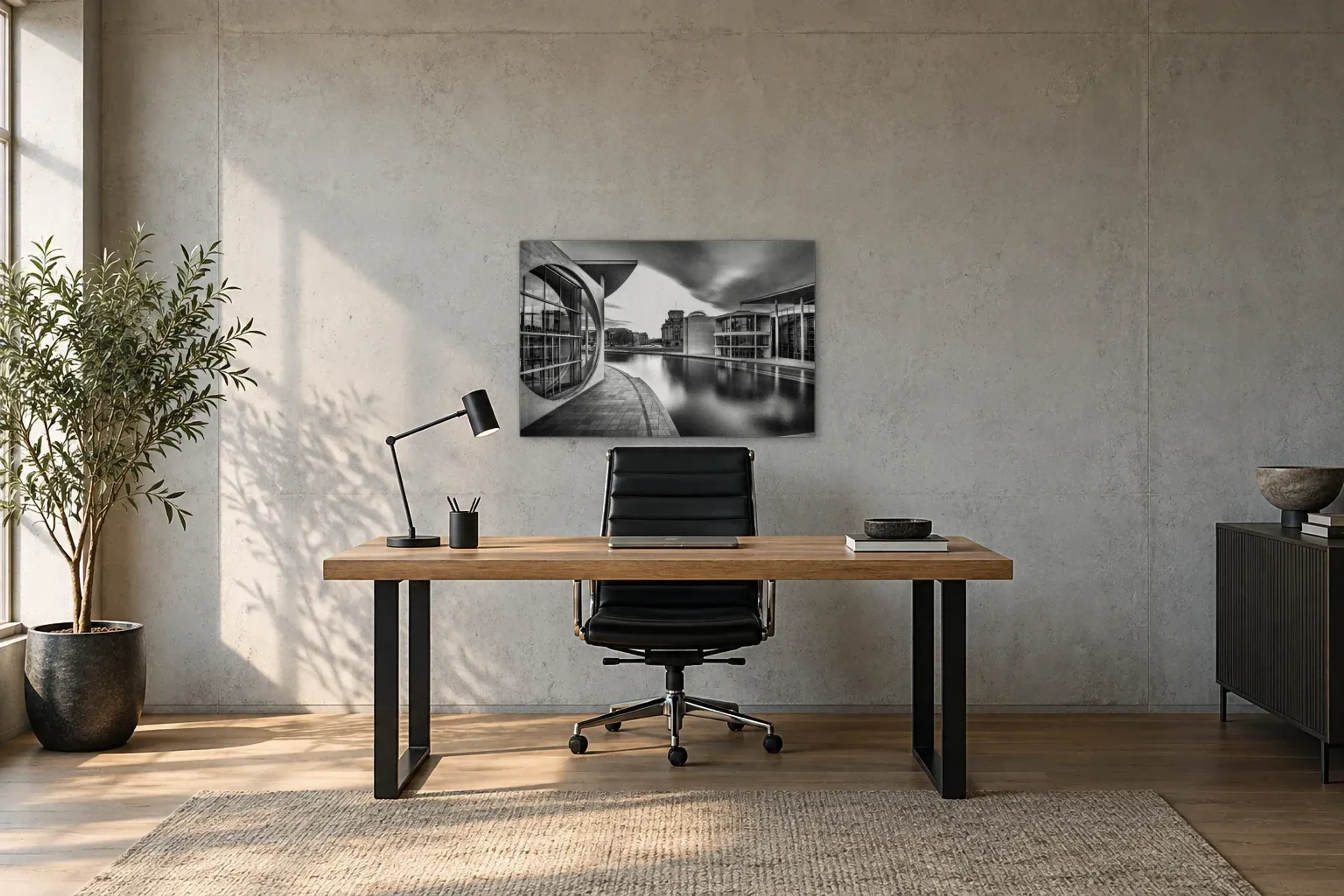 Architektur am Wasser als Wandbild über einem 160-cm-Schreibtisch