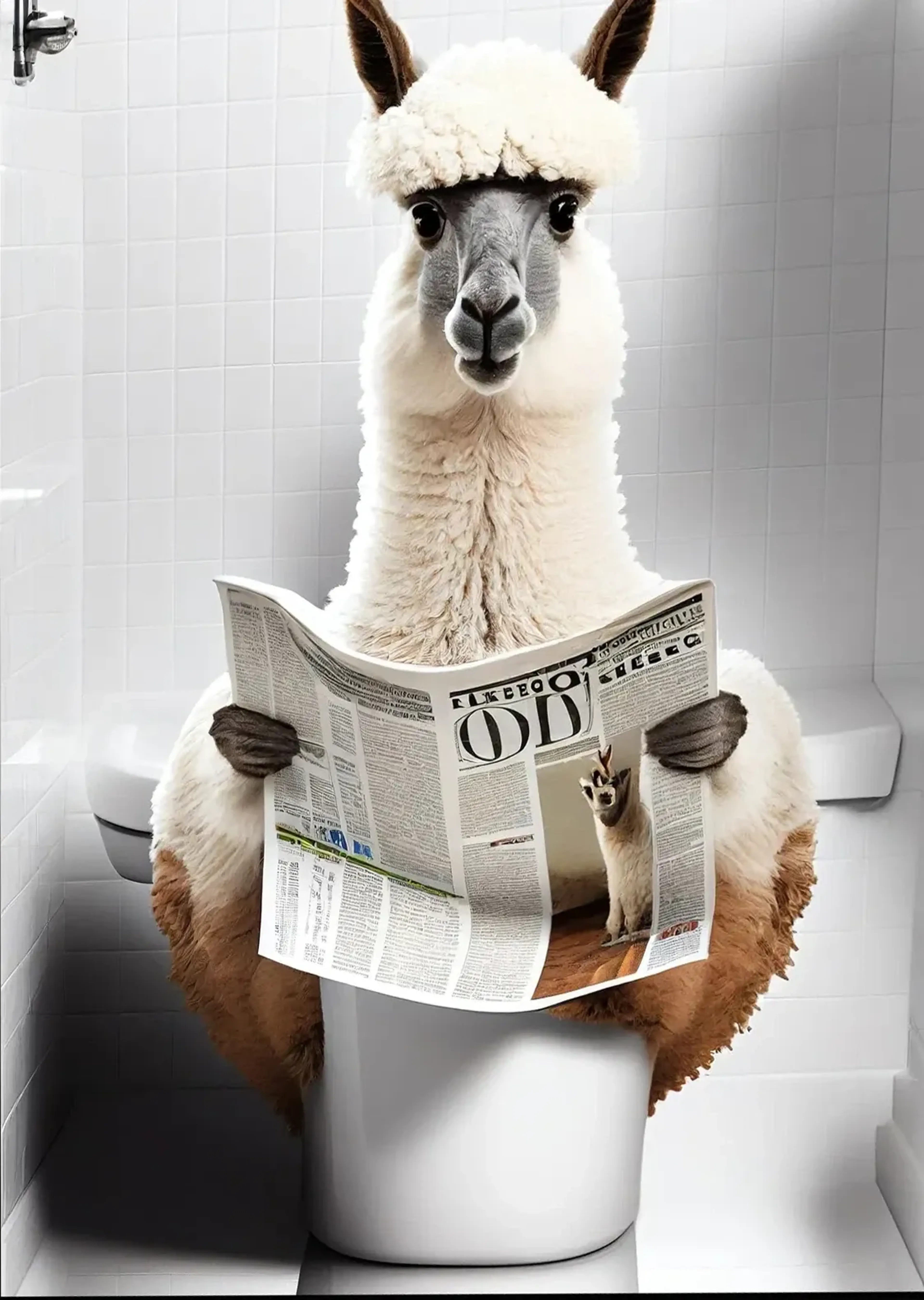 Ein helles Alpaka mit braunen Ohren sitzt auf einer Toilette und hält eine aufgeschlagene Zeitung.