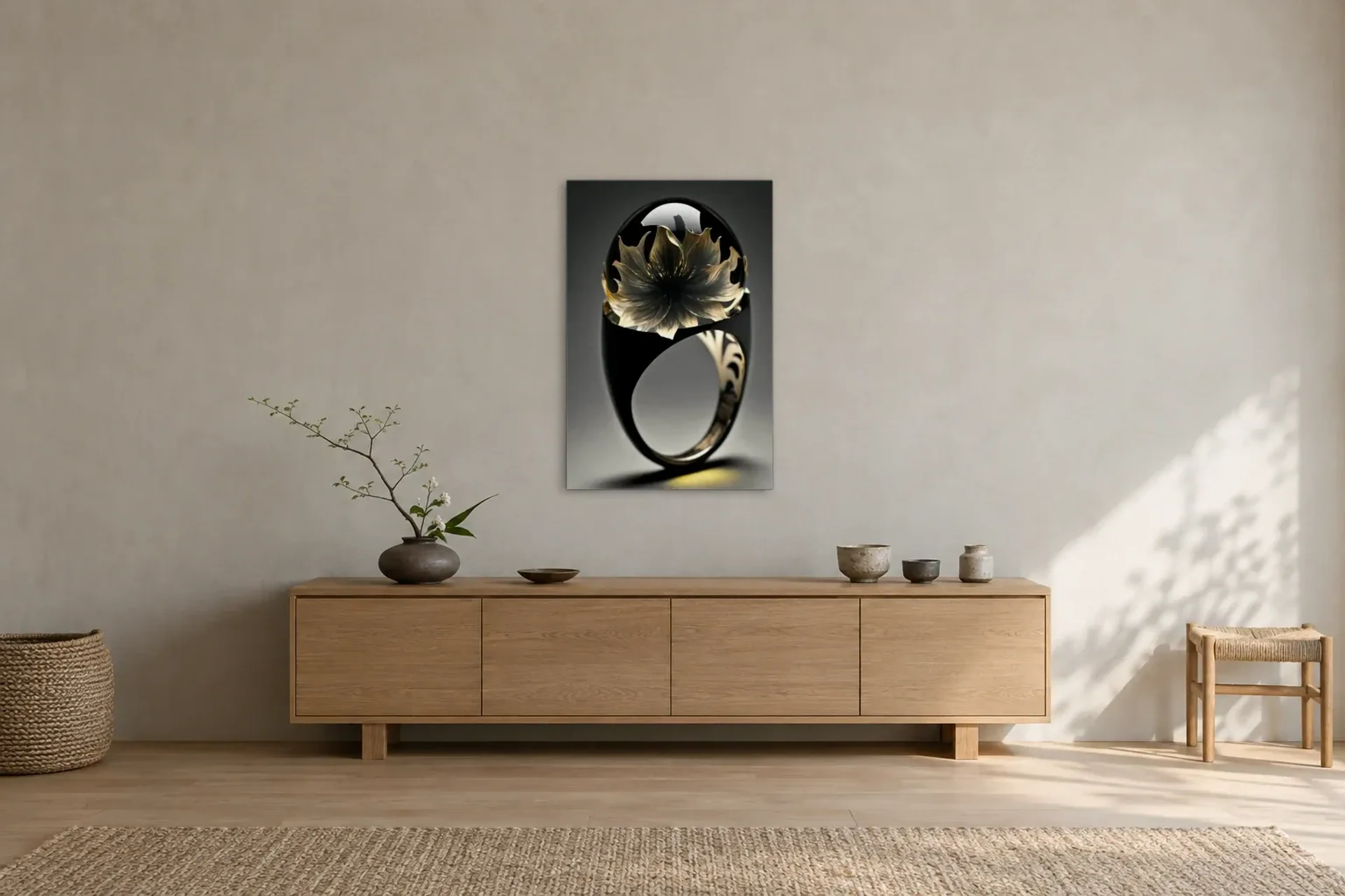 Blüte im schwarzen Ring als Wandbild über einem 180-cm-Sideboard