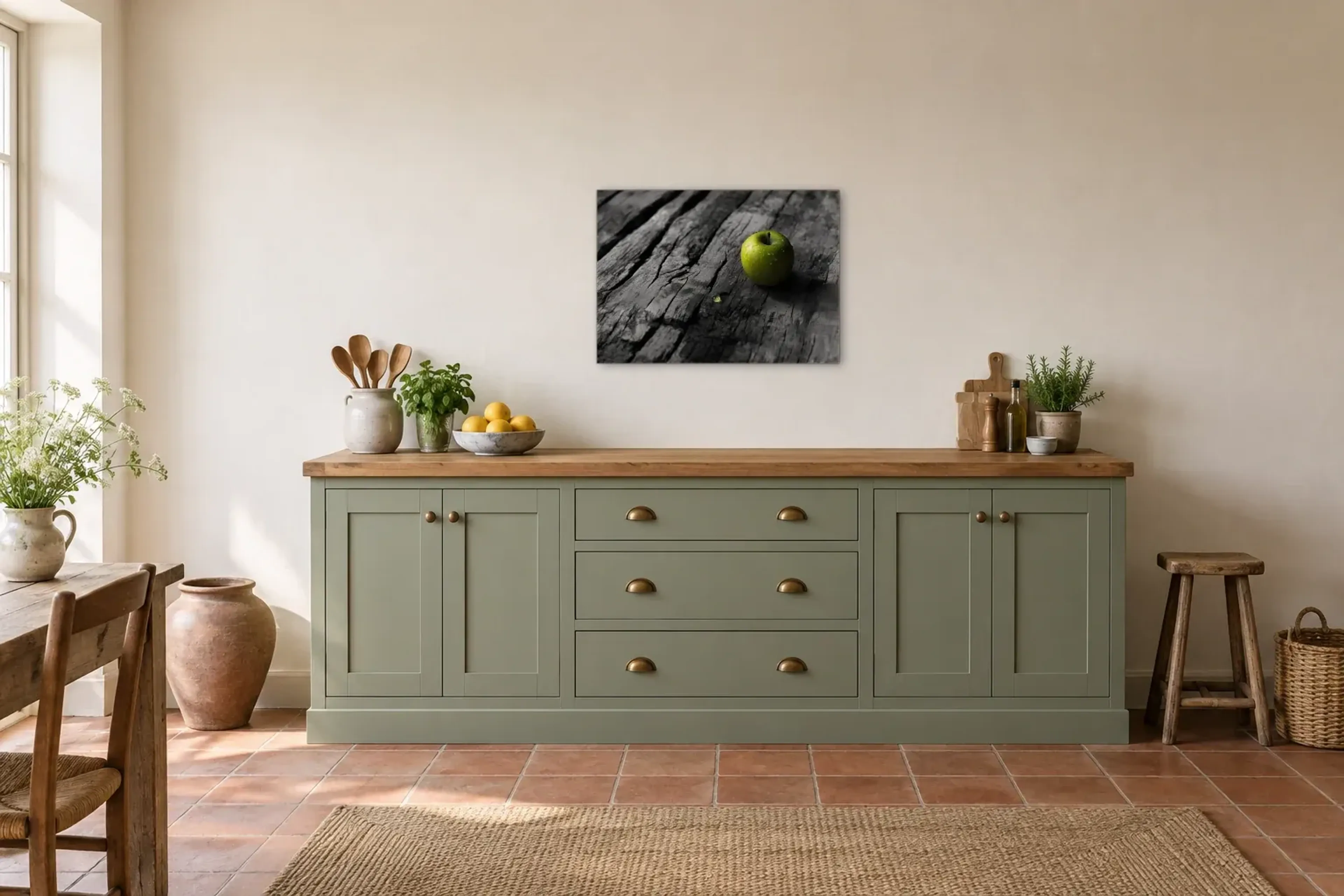 Grüner Apfel auf Holz als Wandbild über einer 200-cm-Arbeitsplatte