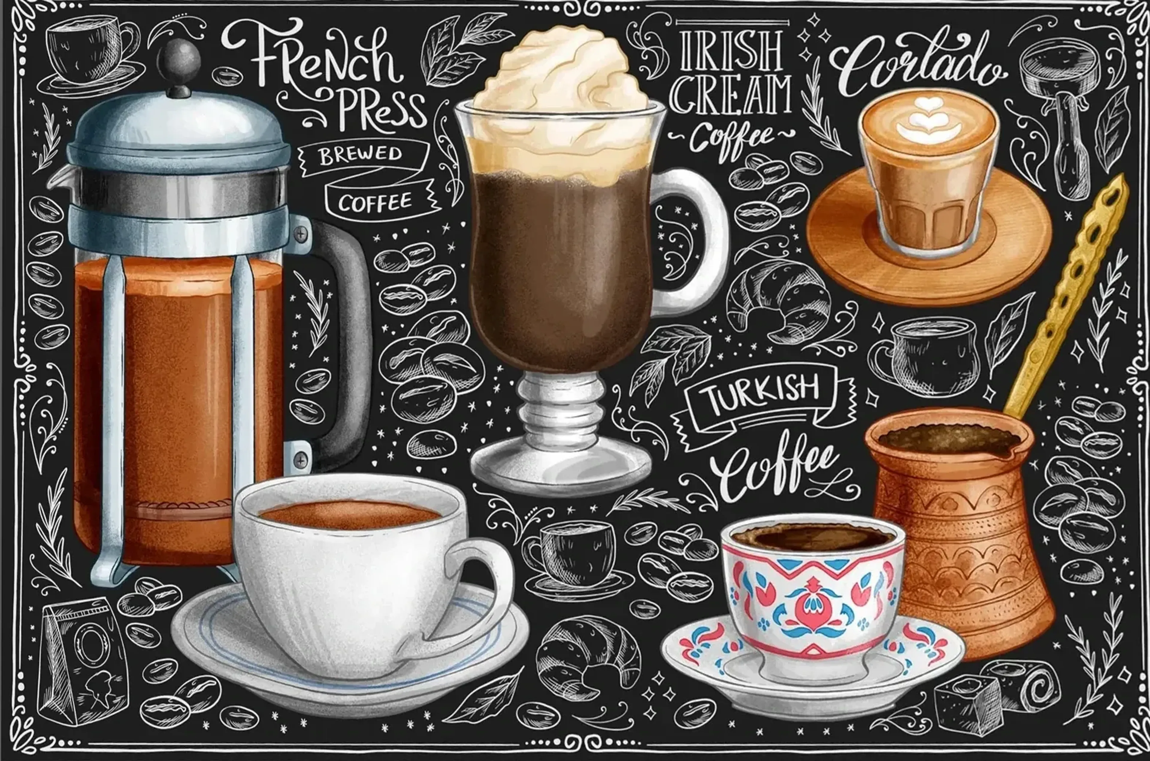 Farbige Kaffeegefäße und eine French Press zwischen weißen Schriftzügen und Zeichnungen auf schwarzem Grund.