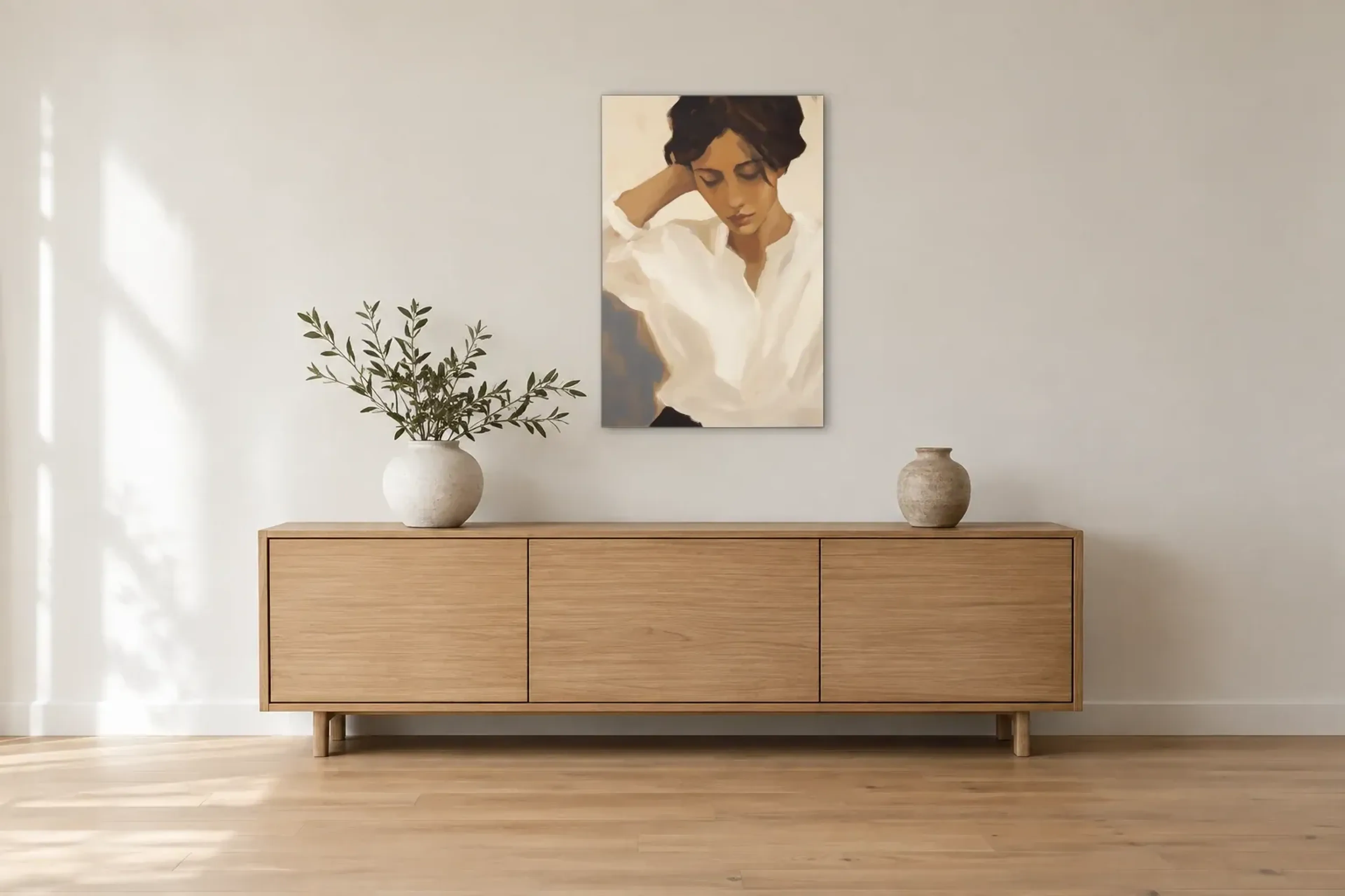 Frau mit weißer Bluse als Wandbild über einem 180-cm-Sideboard