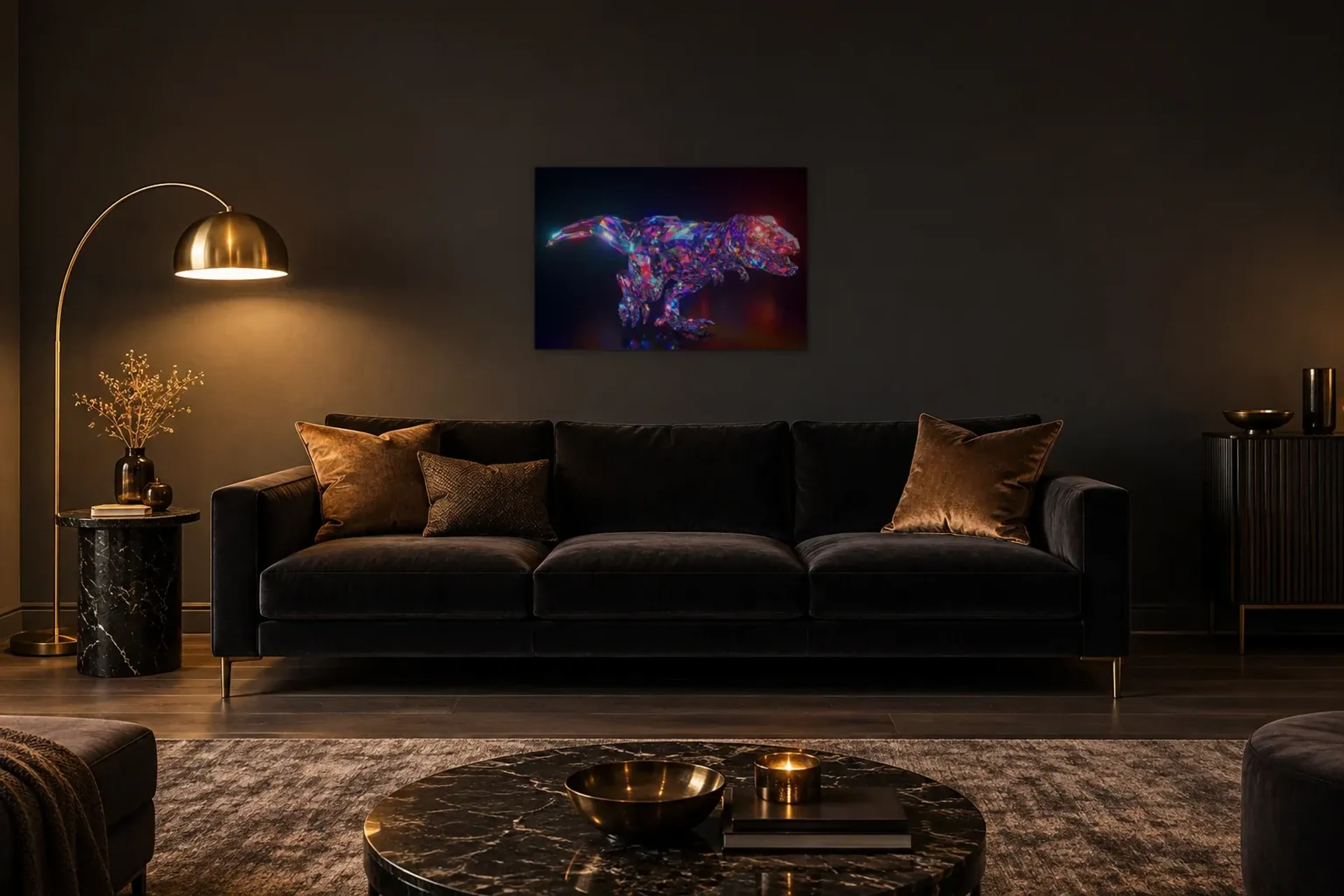 Dinosaurier in Lichtfacetten als Wandbild über einem 220-cm-Sofa