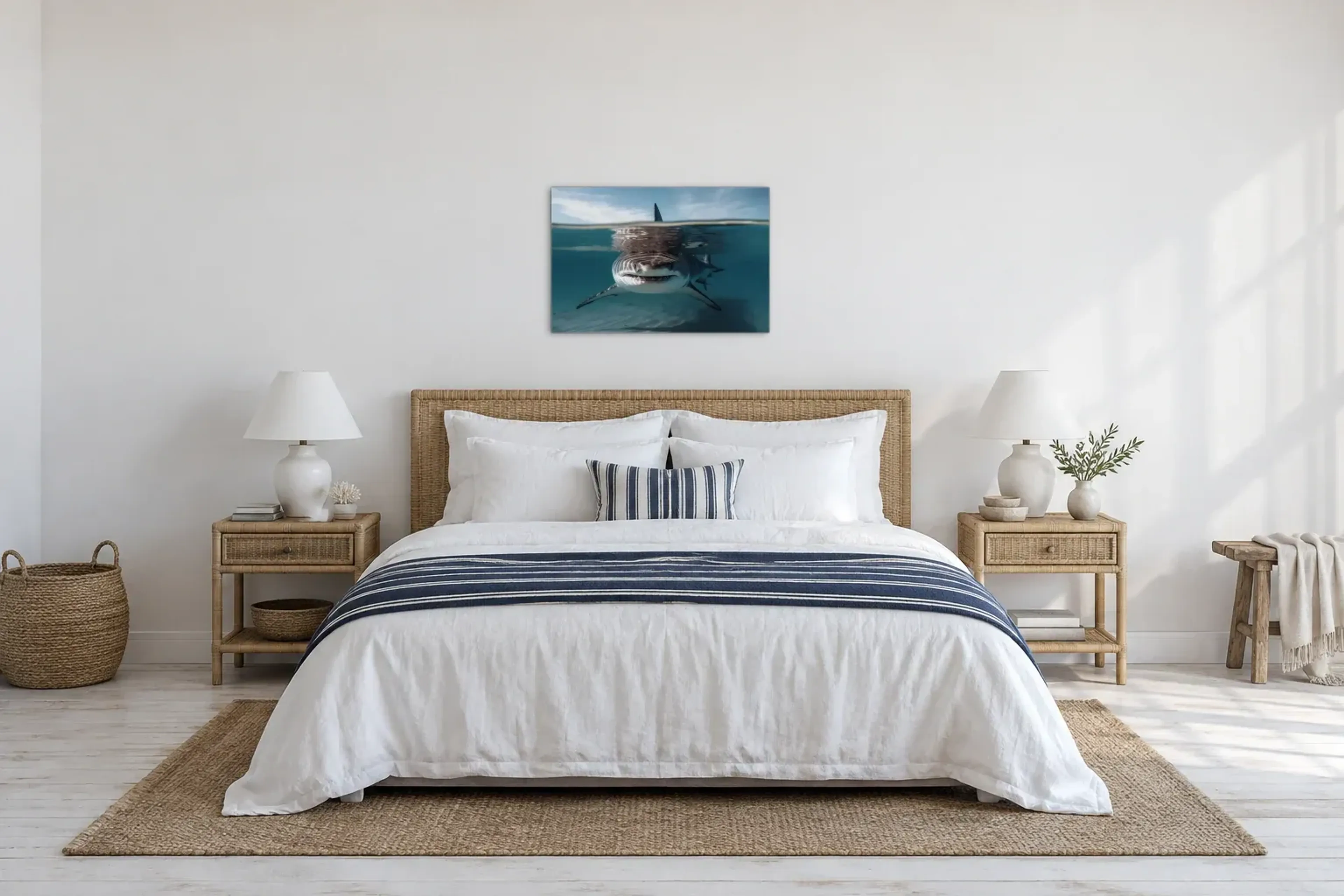 Weißer Hai als Wandbild über einem 180-cm-Bett