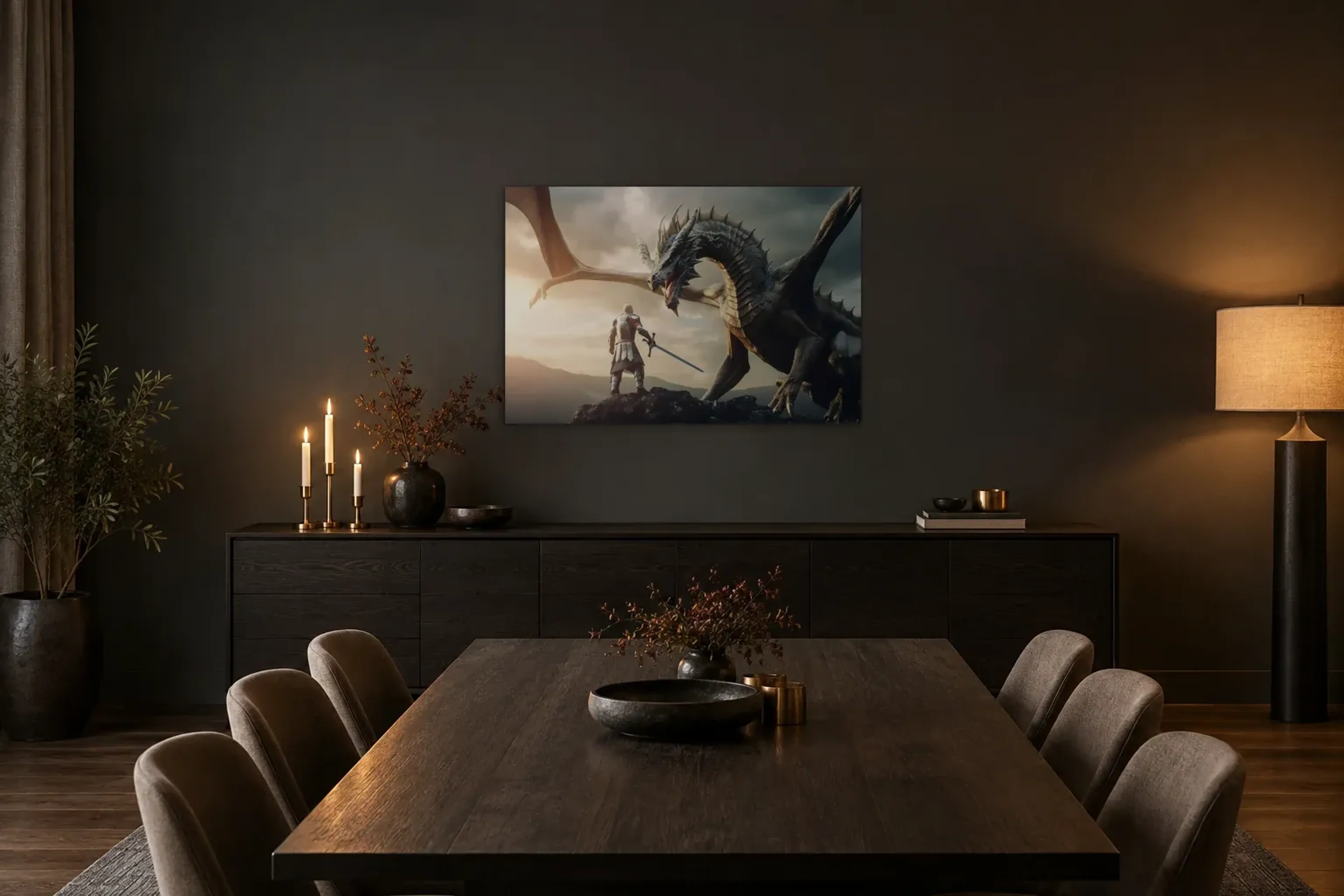 Ritter vor dem Drachen als Wandbild über einem 180-cm-Sideboard