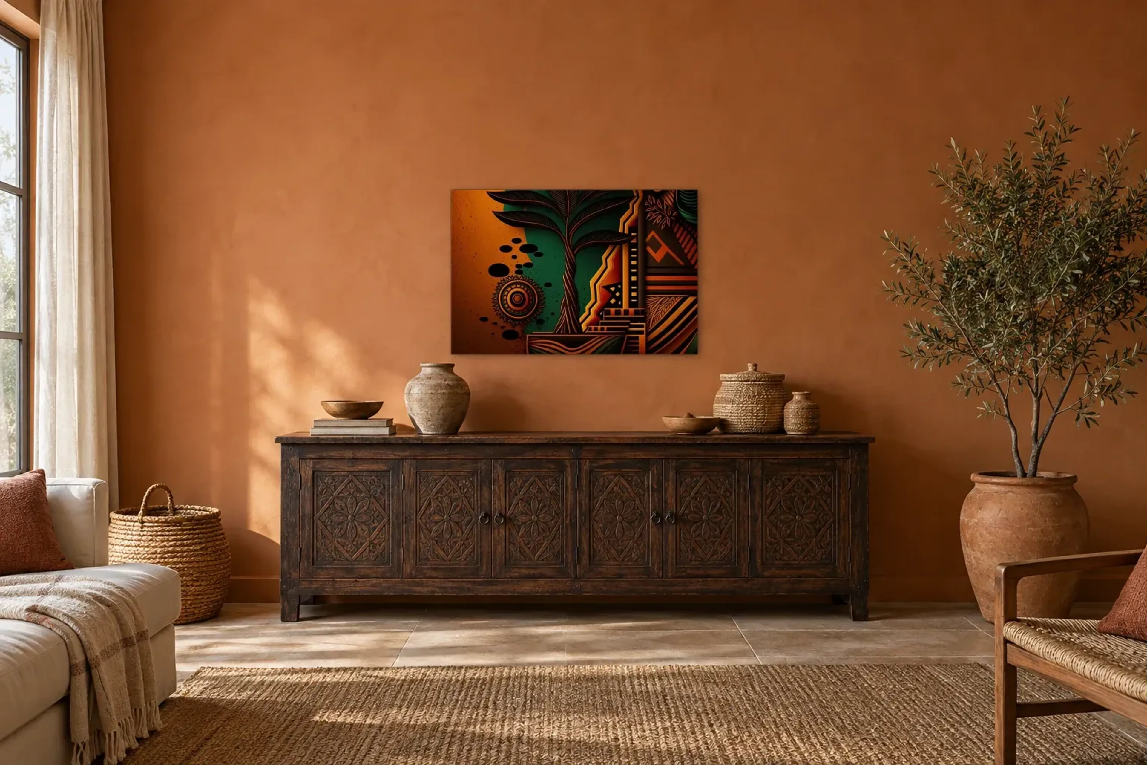 Baum zwischen Mustern als Wandbild über einem 180-cm-Sideboard