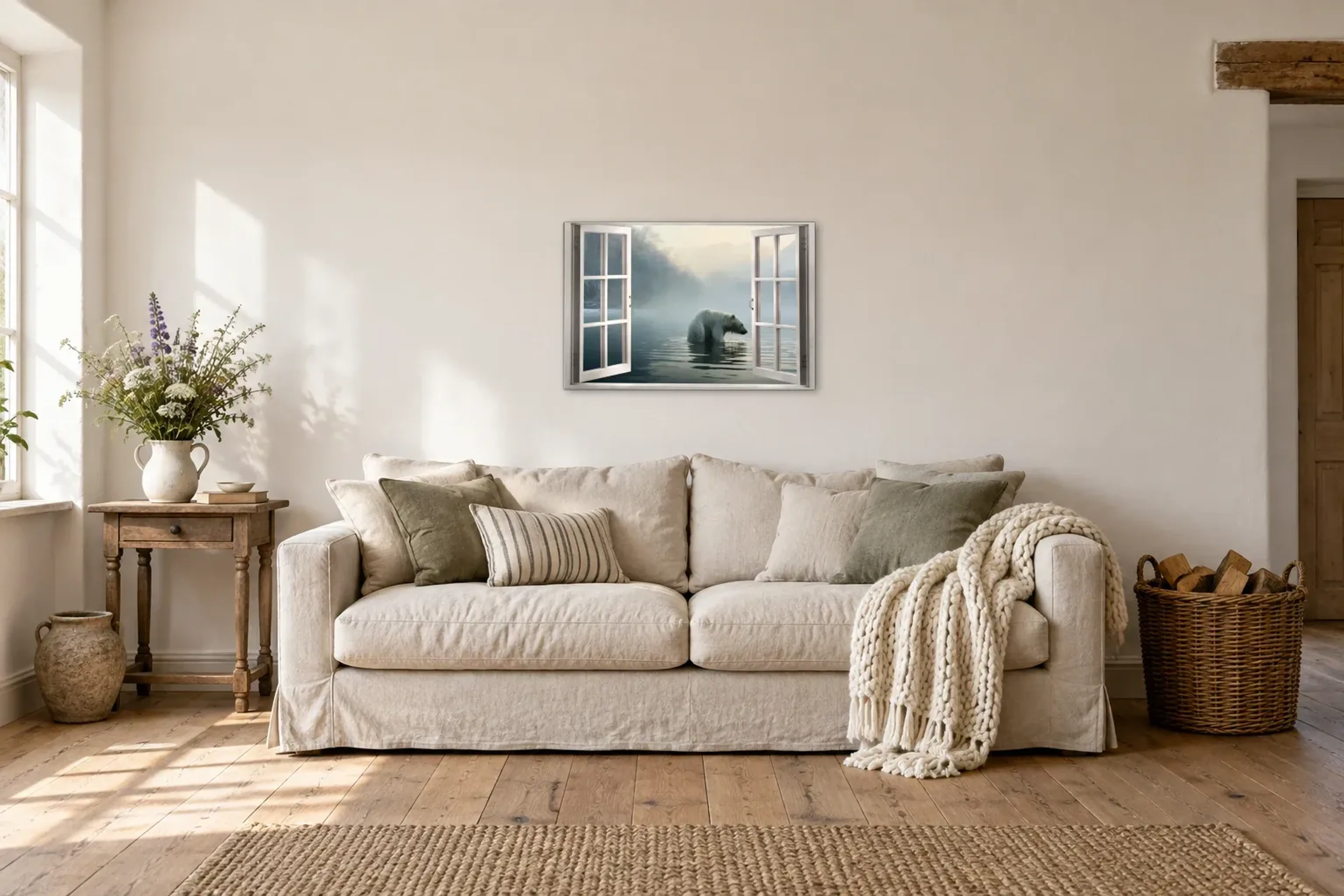 Eisbär im Nebel als Wandbild über einem 220-cm-Sofa