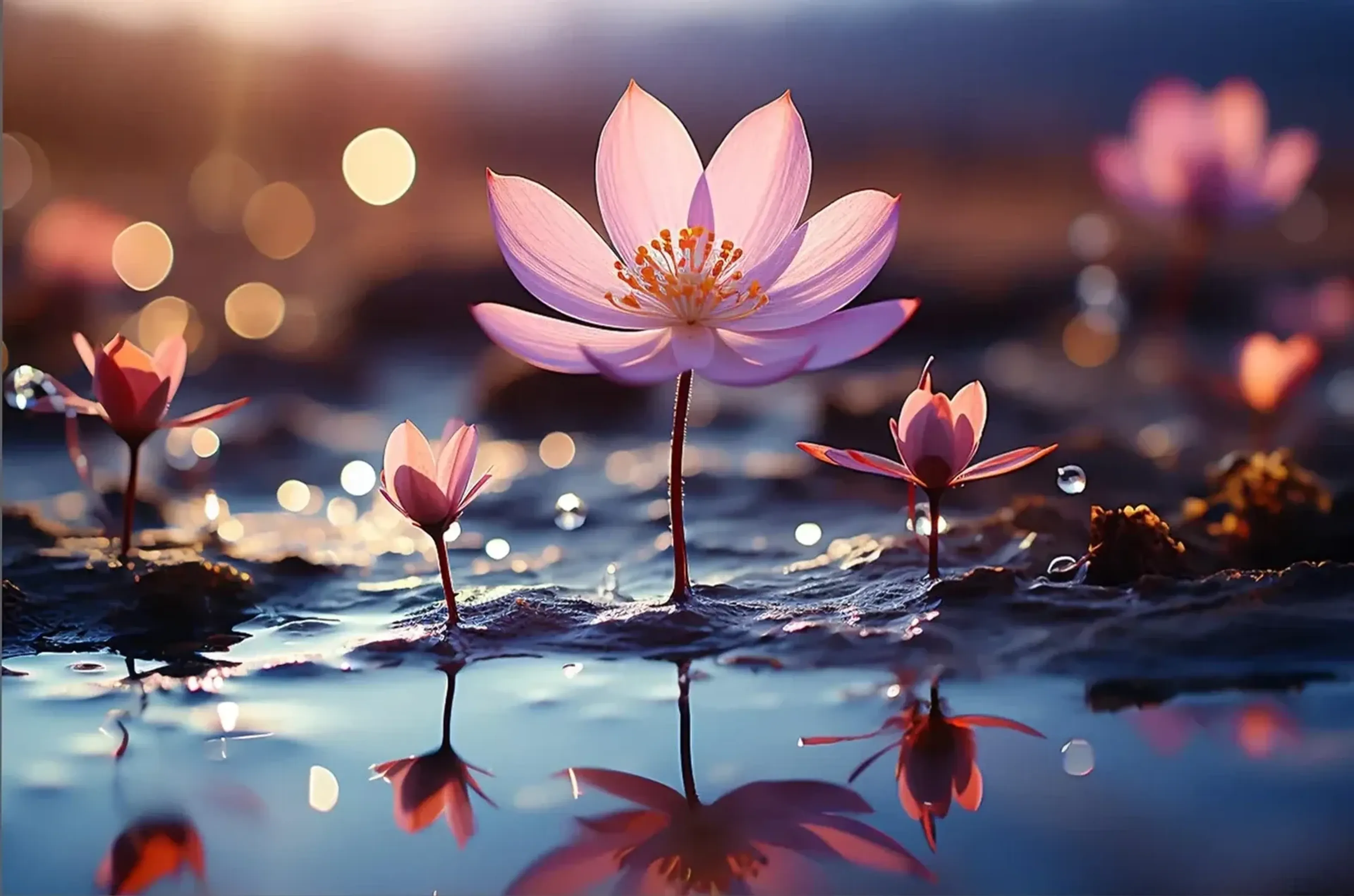 Rosa Blüten auf schlanken Stielen spiegeln sich im blauen Wasser vor einem Hintergrund mit warmen Lichtpunkten.