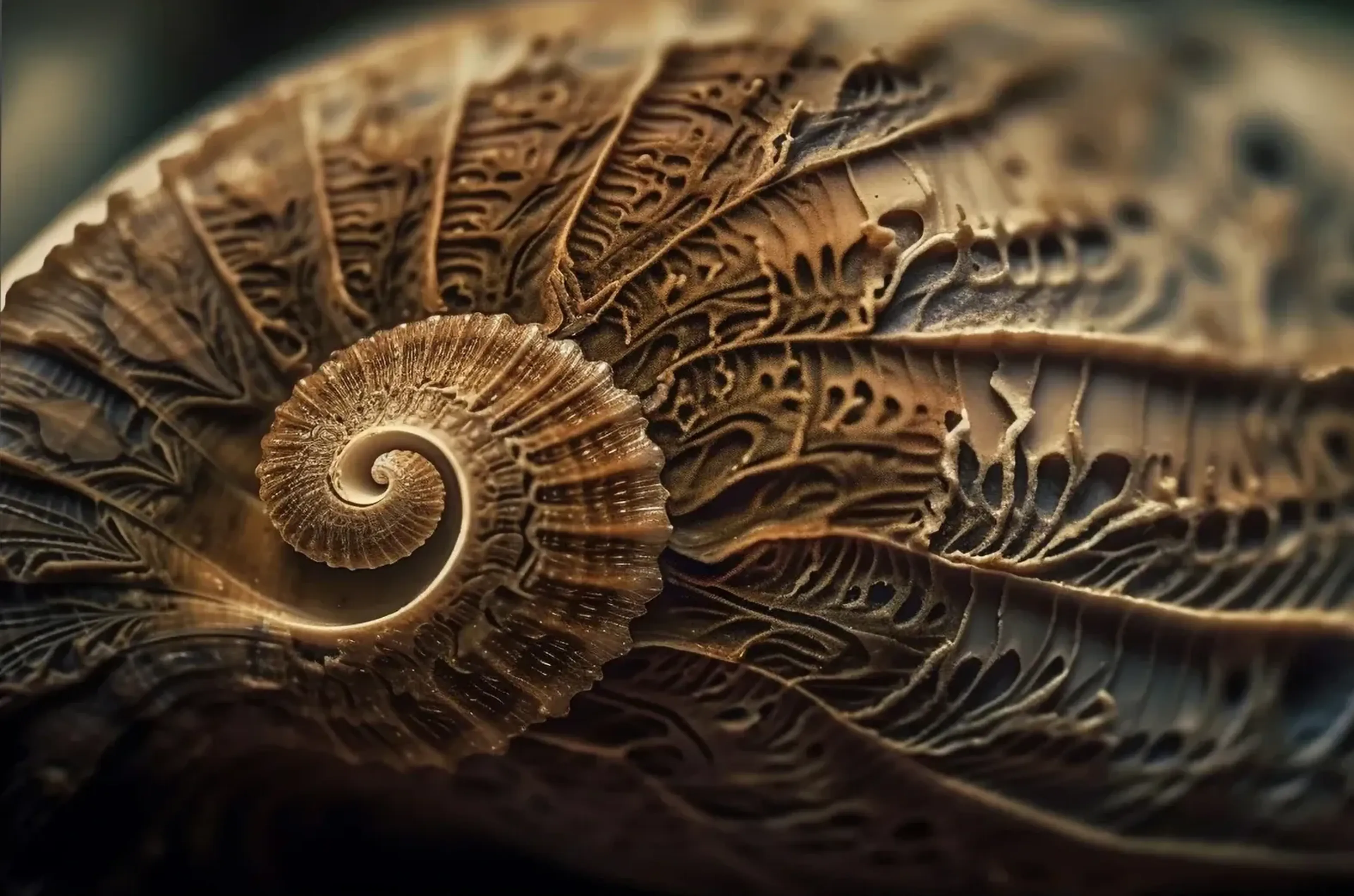 Nahansicht einer braunen, schneckenartigen Spirale mit feinen Rippen und verzweigten Mustern.